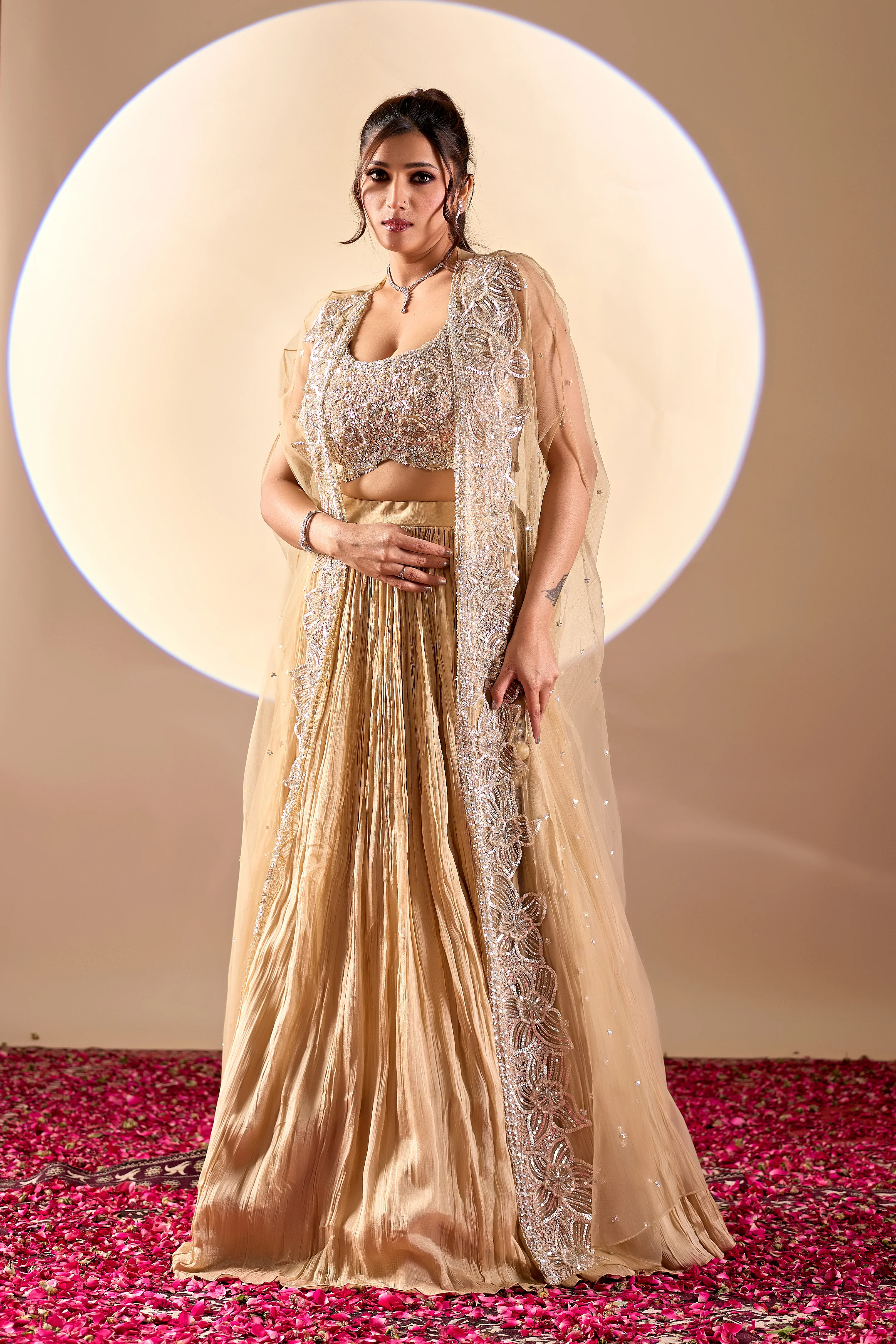 Champagne Gold Designer Lehenga Set with Embellished Cape Dupatta - Image 4