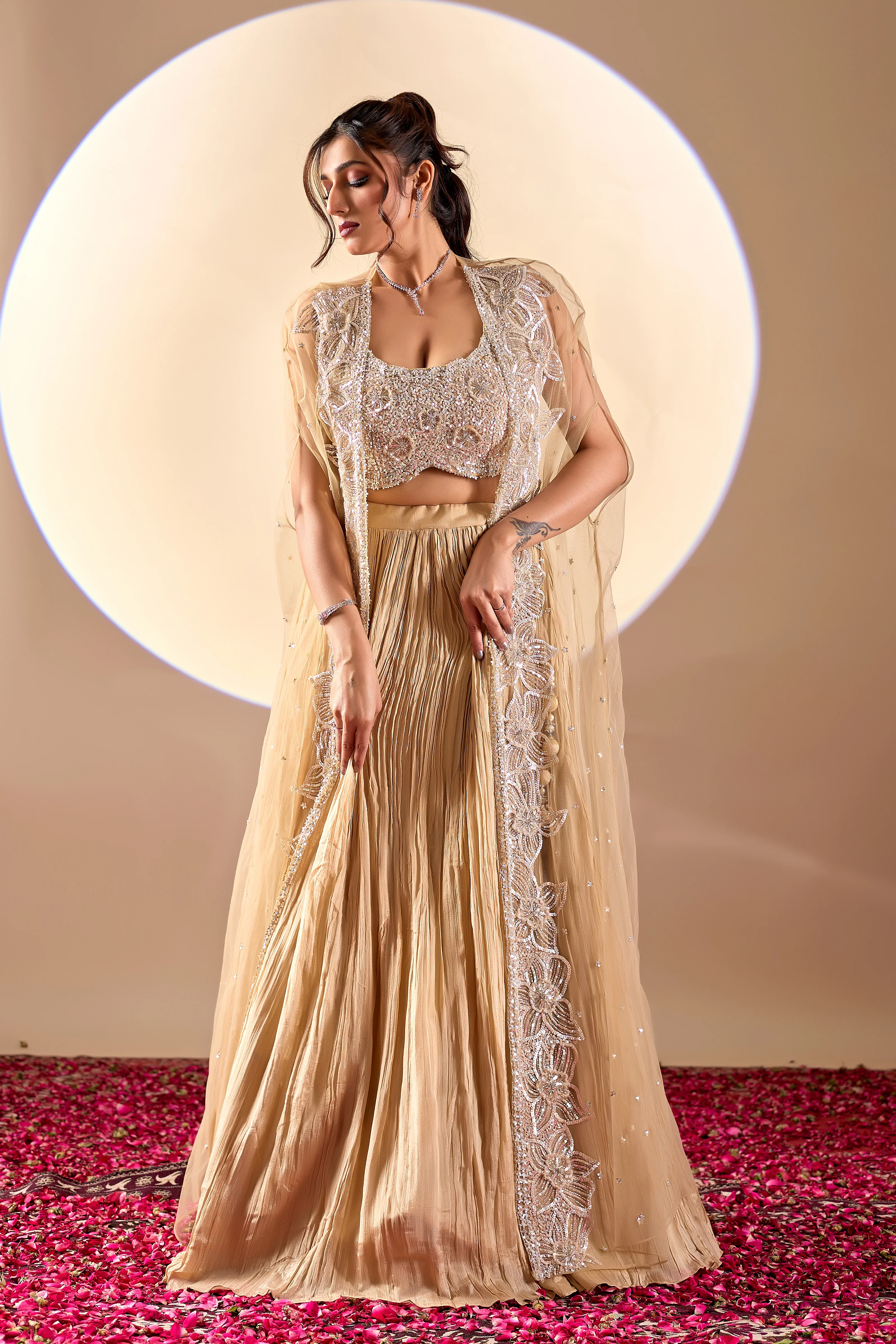 Champagne Gold Designer Lehenga Set with Embellished Cape Dupatta - Image 5
