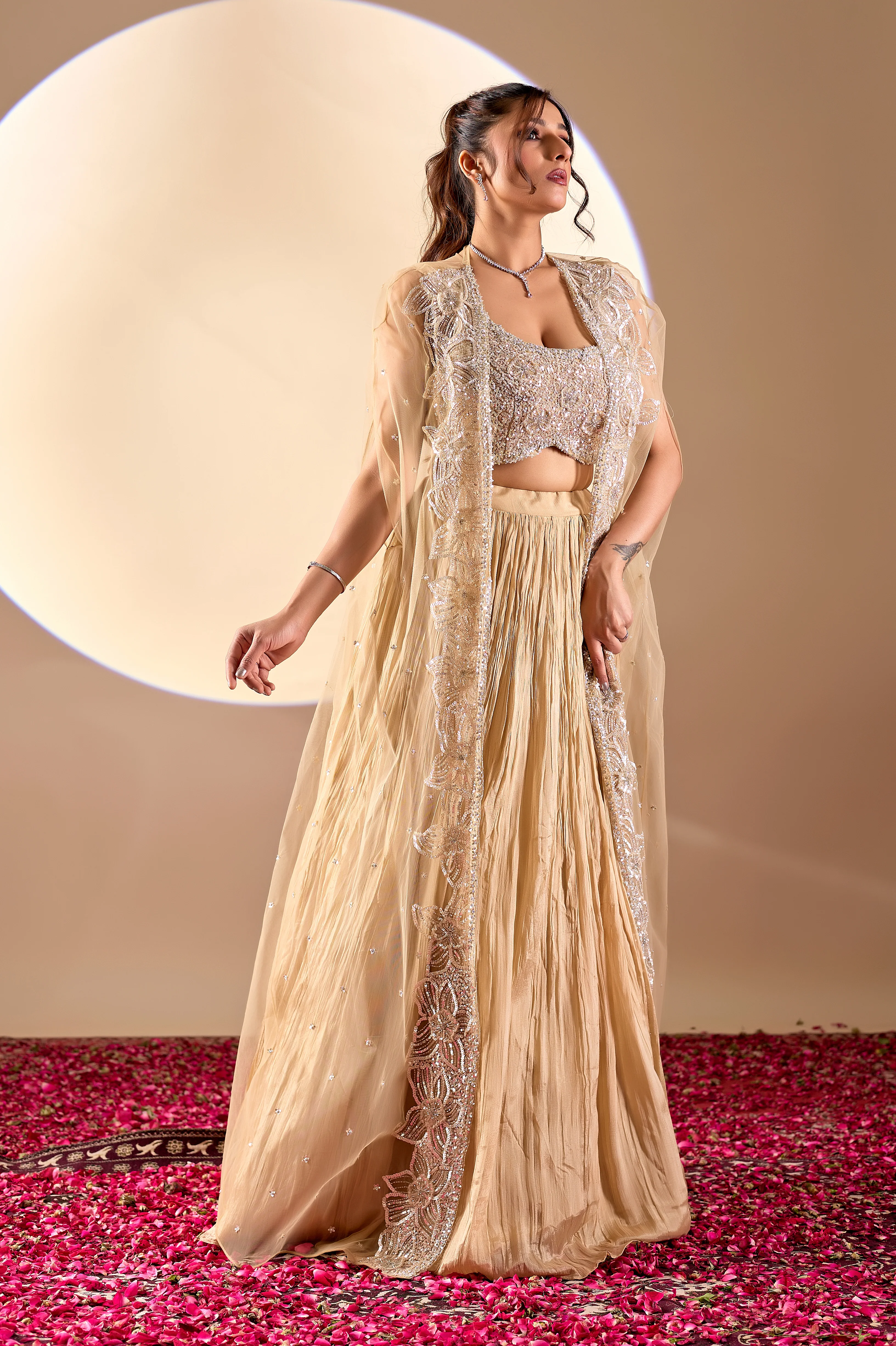 Champagne Gold Designer Lehenga Set with Embellished Cape Dupatta - Image 6