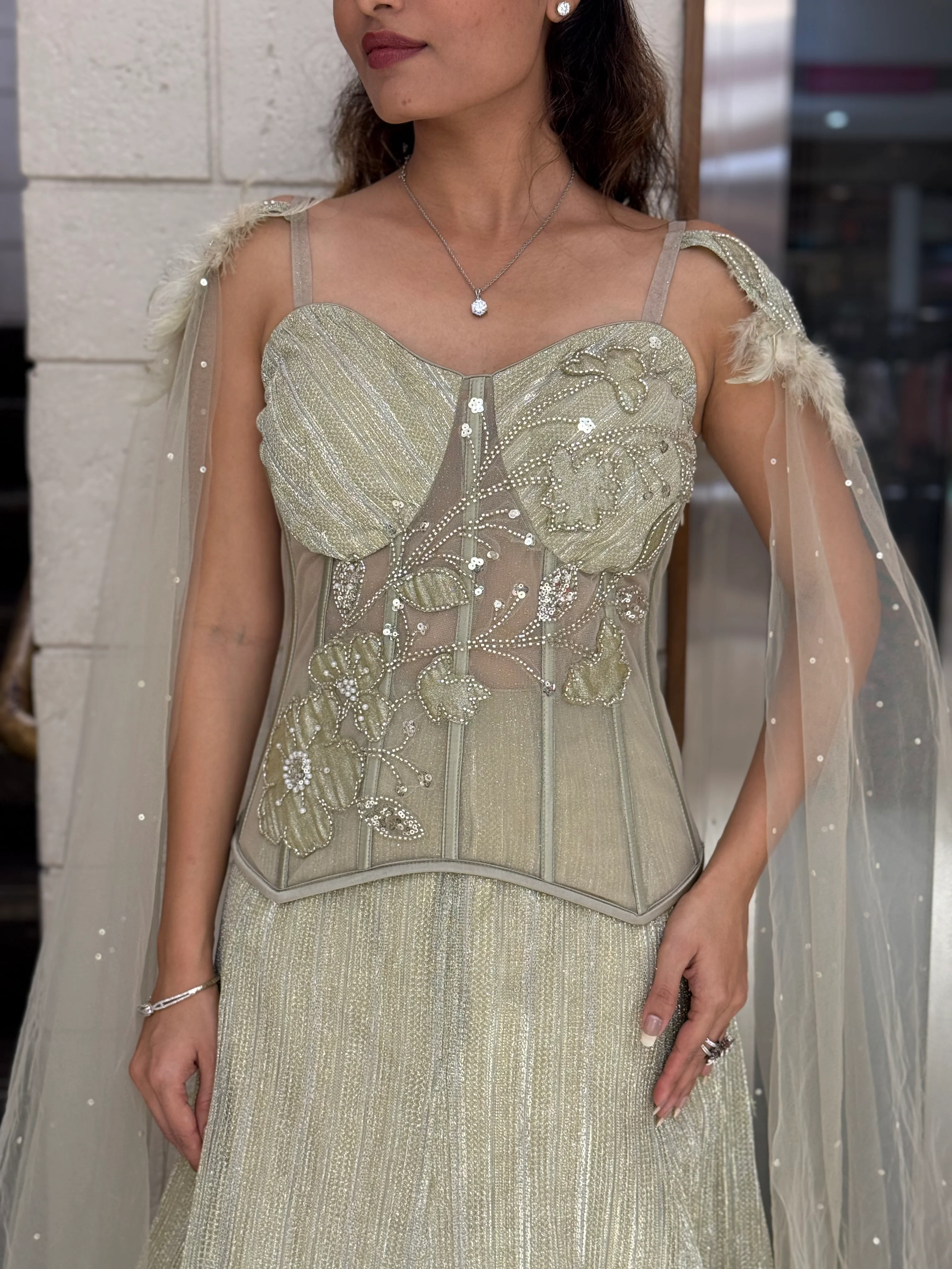 Champagne Gold Designer Lehenga Set with Embroidered Corset Blouse & Sheer Cape Dupatta - Image 2
