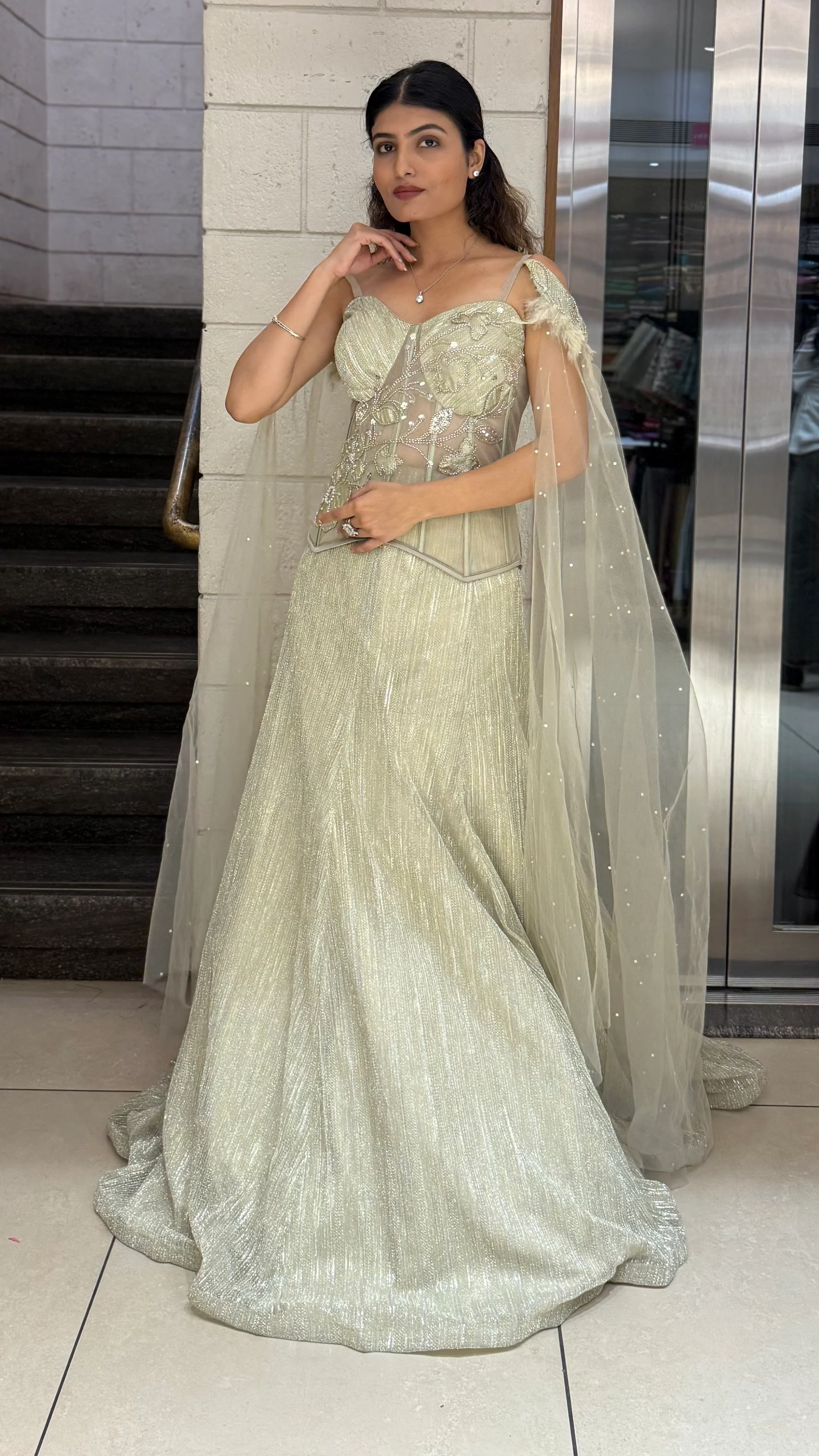 Champagne Gold Designer Lehenga Set with Embroidered Corset Blouse & Sheer Cape Dupatta - Image 3