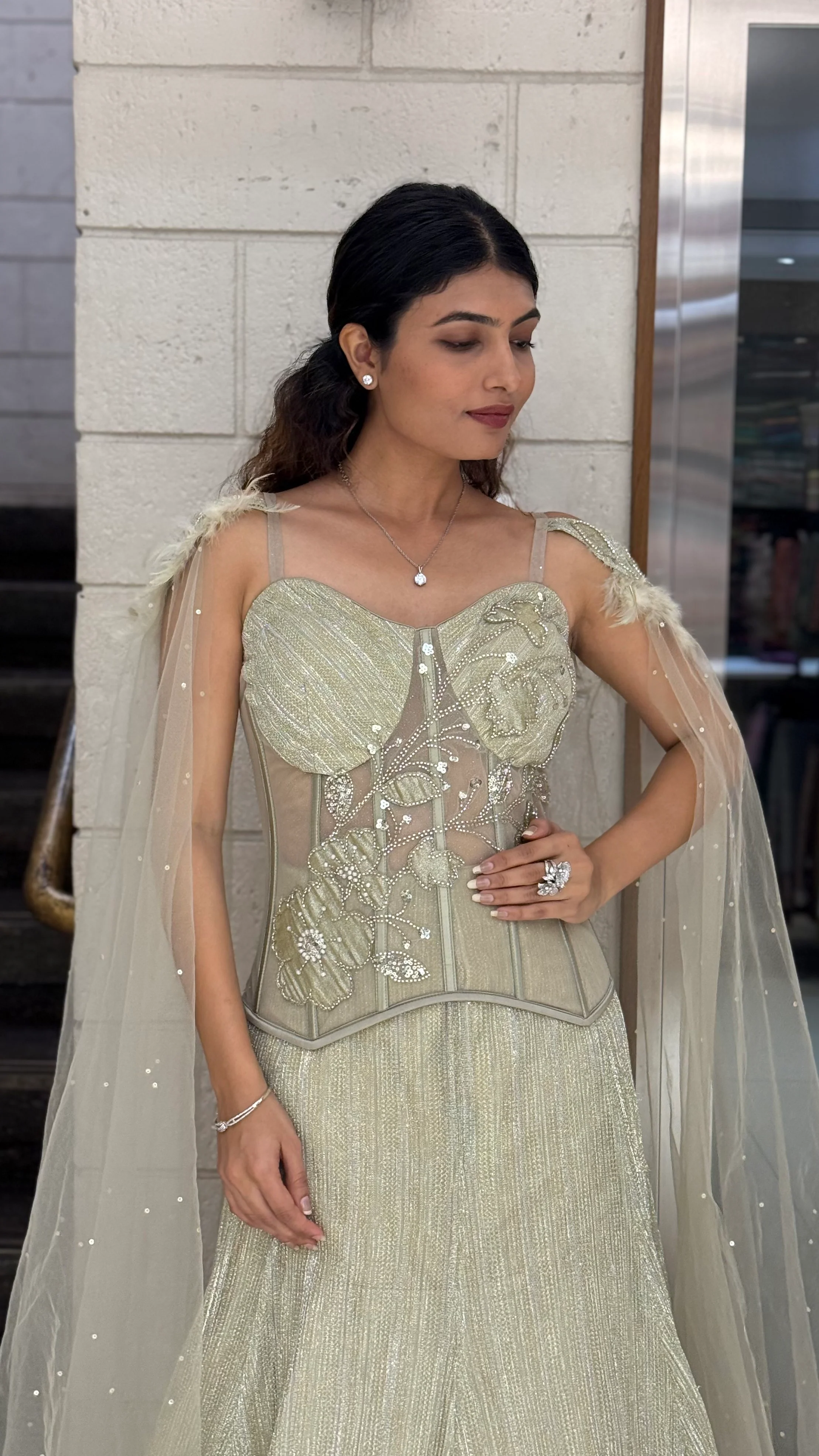 Champagne Gold Designer Lehenga Set with Embroidered Corset Blouse & Sheer Cape Dupatta - Image 5