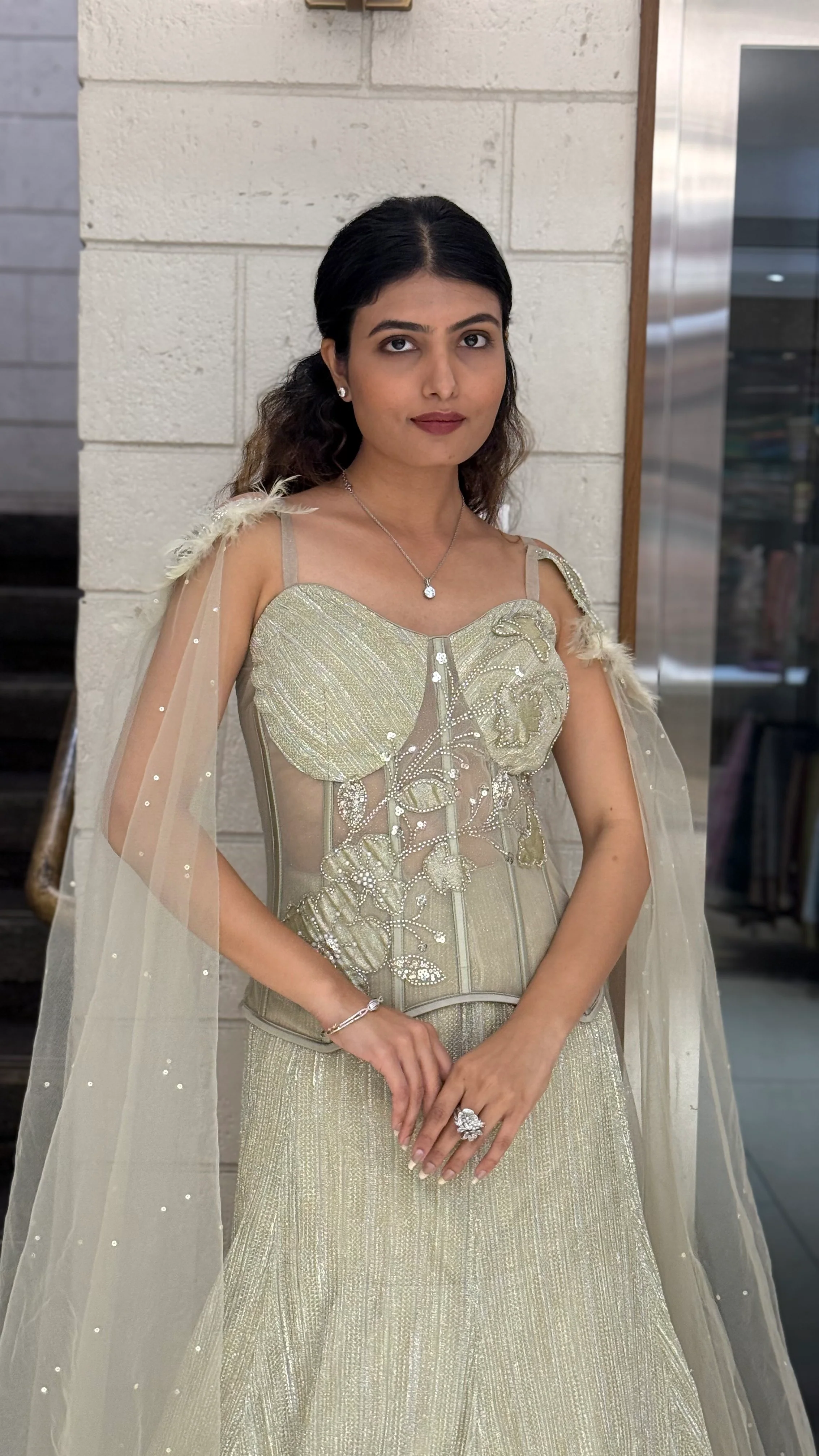 Champagne Gold Designer Lehenga Set with Embroidered Corset Blouse & Sheer Cape Dupatta - Image 6