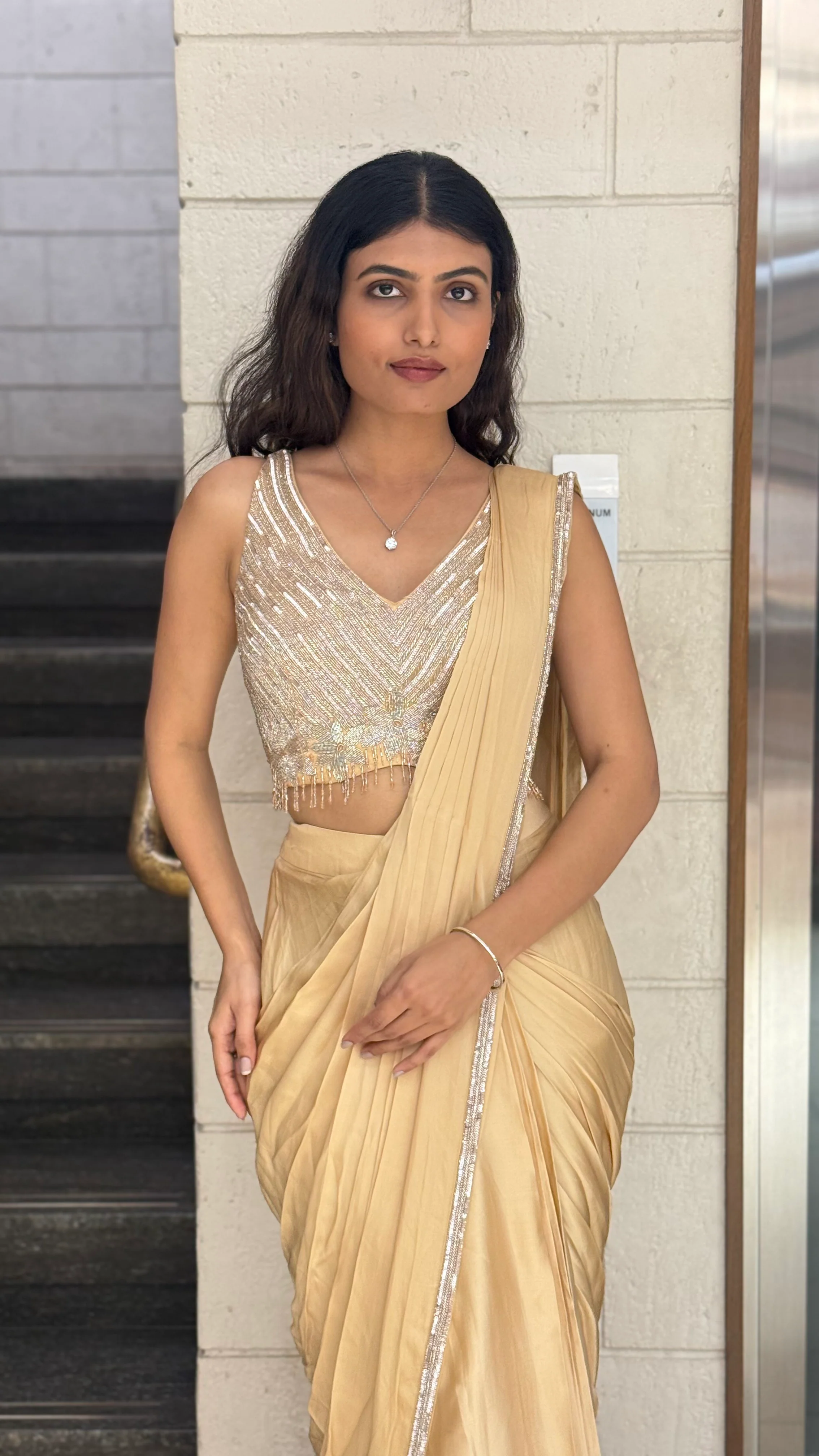 Champagne Gold Designer Ready-to-Wear Saree with Sequin Embellished Blouse - Image 3