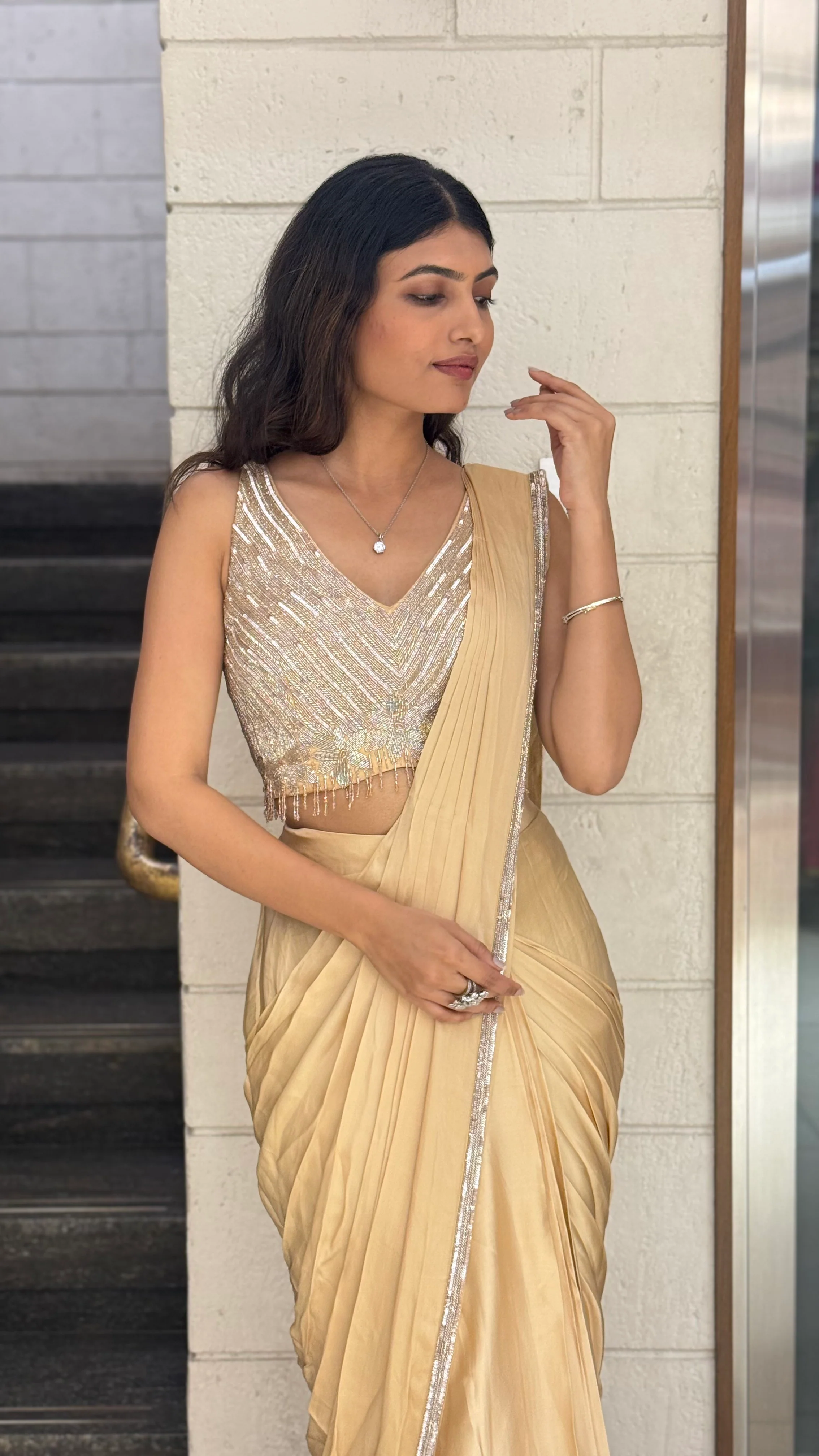 Champagne Gold Designer Ready-to-Wear Saree with Sequin Embellished Blouse - Image 4
