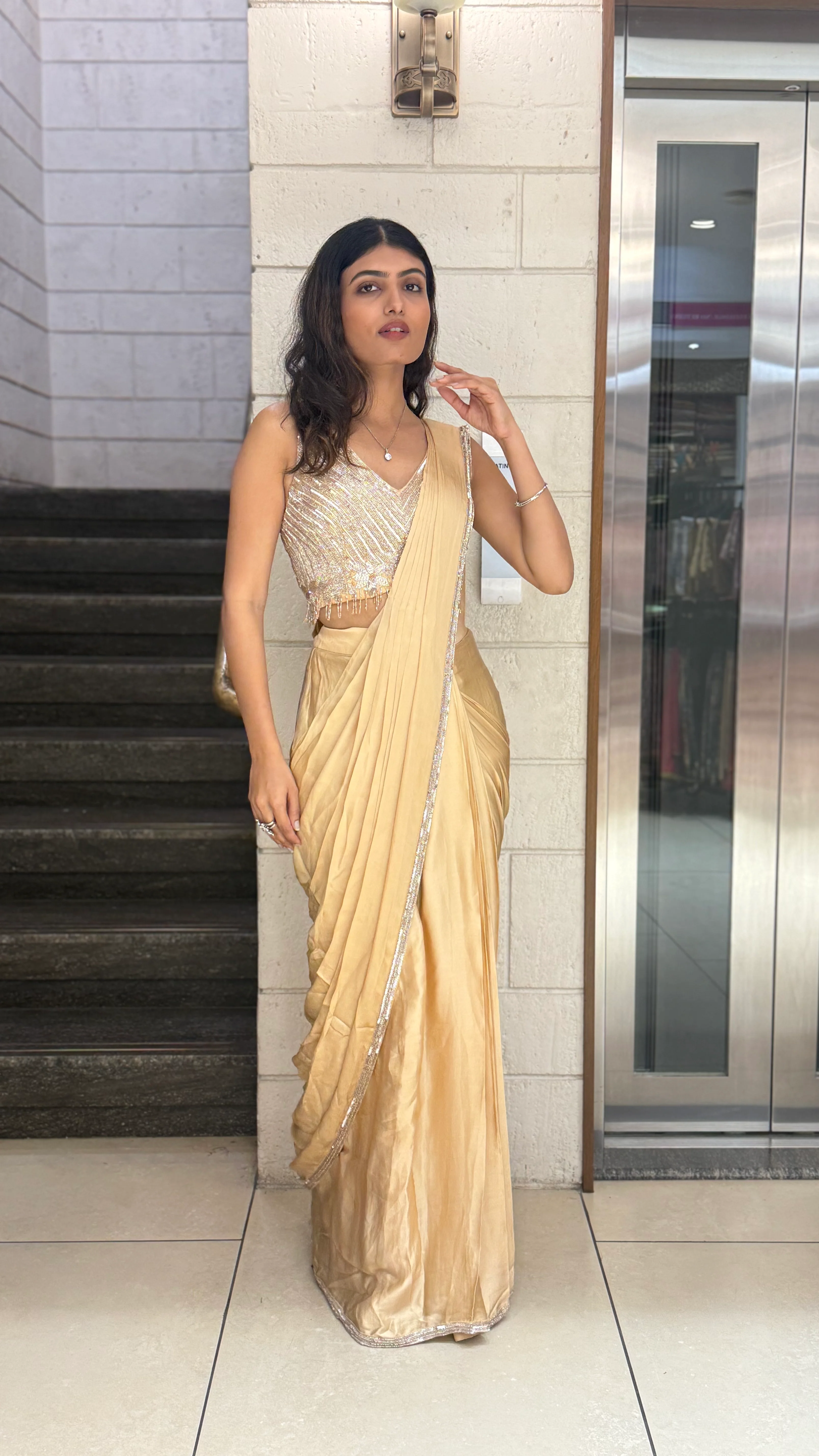 Champagne Gold Designer Ready-to-Wear Saree with Sequin Embellished Blouse - Image 5