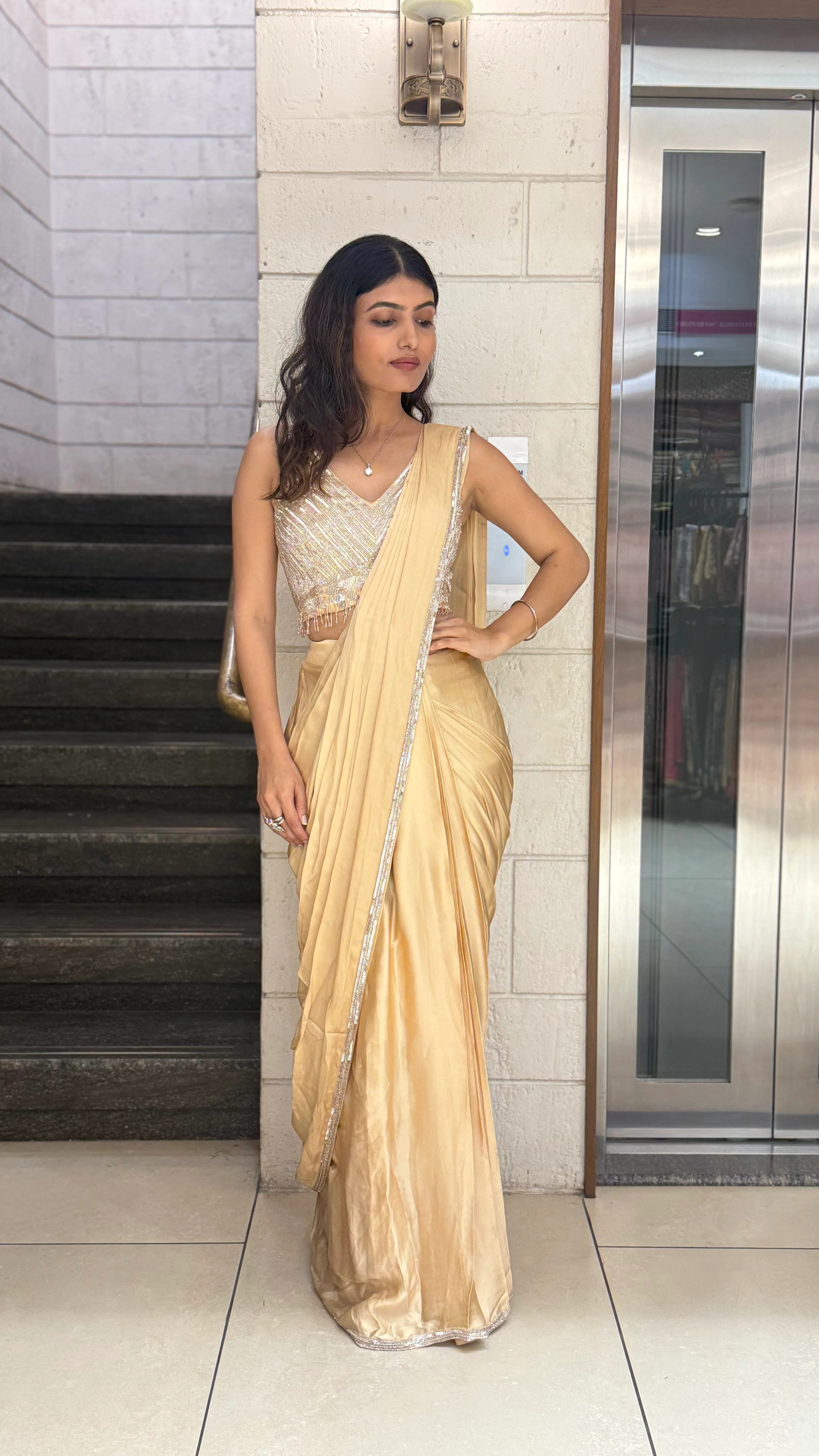 Champagne Gold Designer Ready-to-Wear Saree with Sequin Embellished Blouse - Image 6