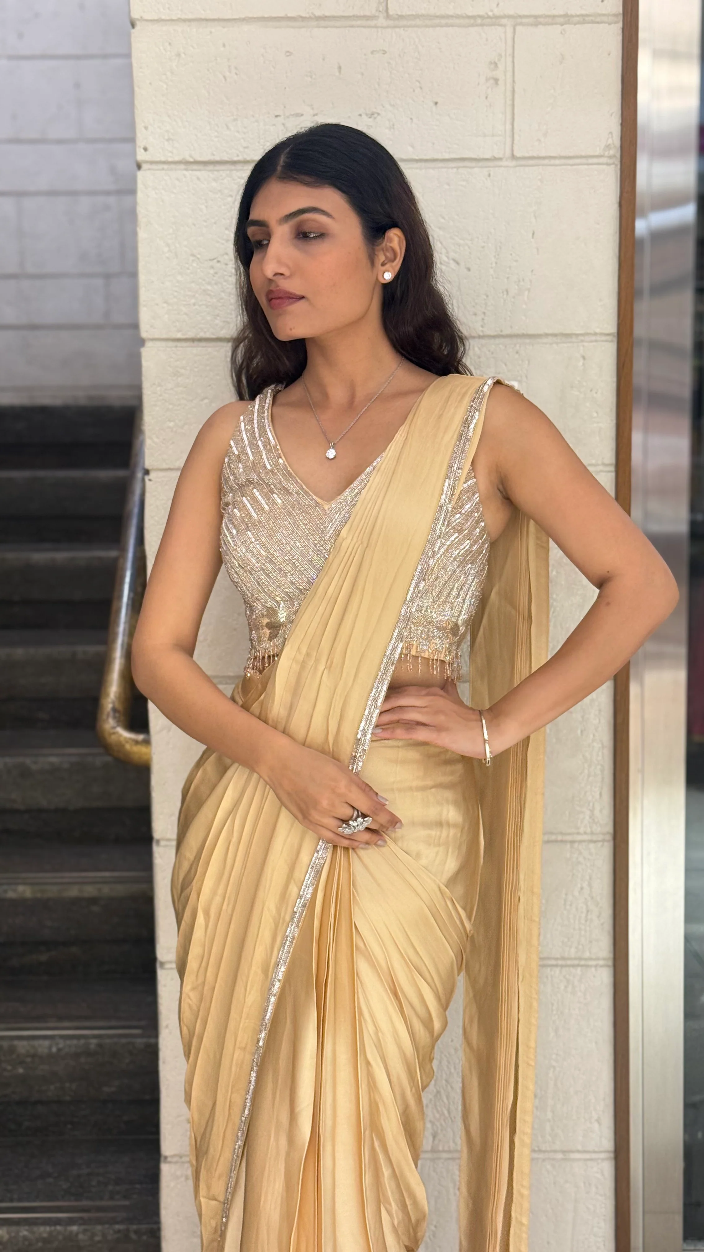 Champagne Gold Designer Ready-to-Wear Saree with Sequin Embellished Blouse - Image 7