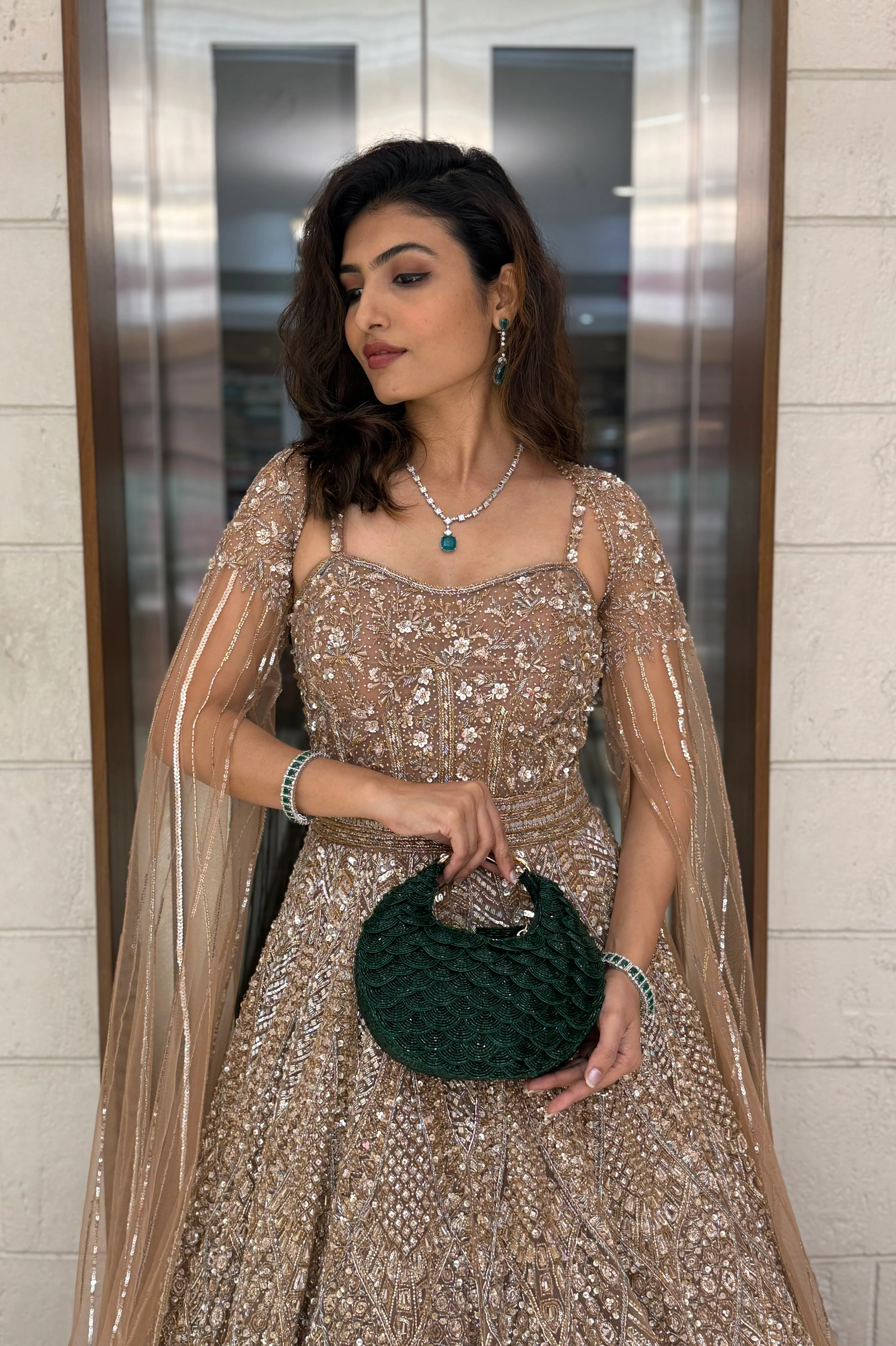 Champagne Gold Embellished Designer Gown with Draped Cape - Image 3
