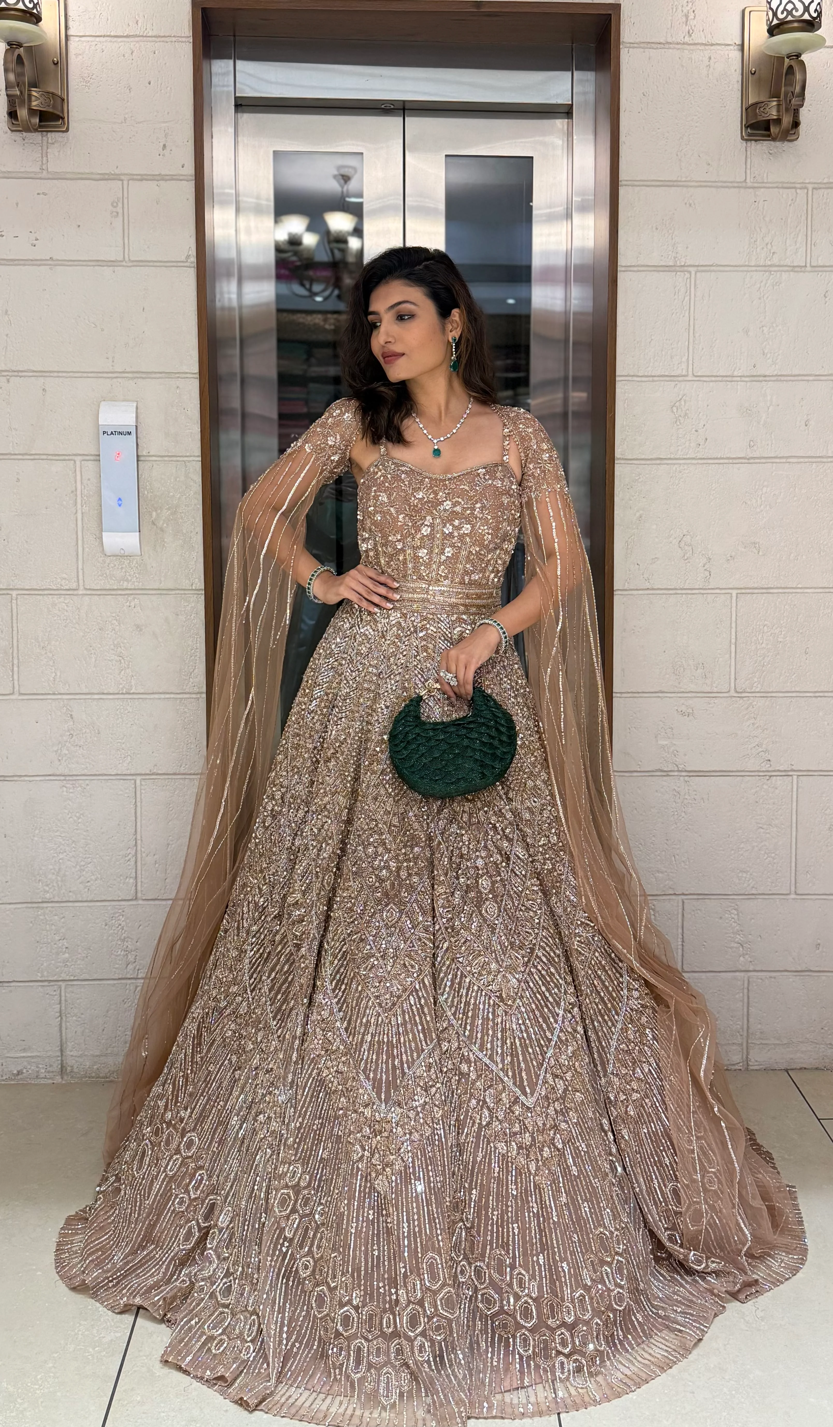 Champagne Gold Embellished Designer Gown with Draped Cape - Image 4