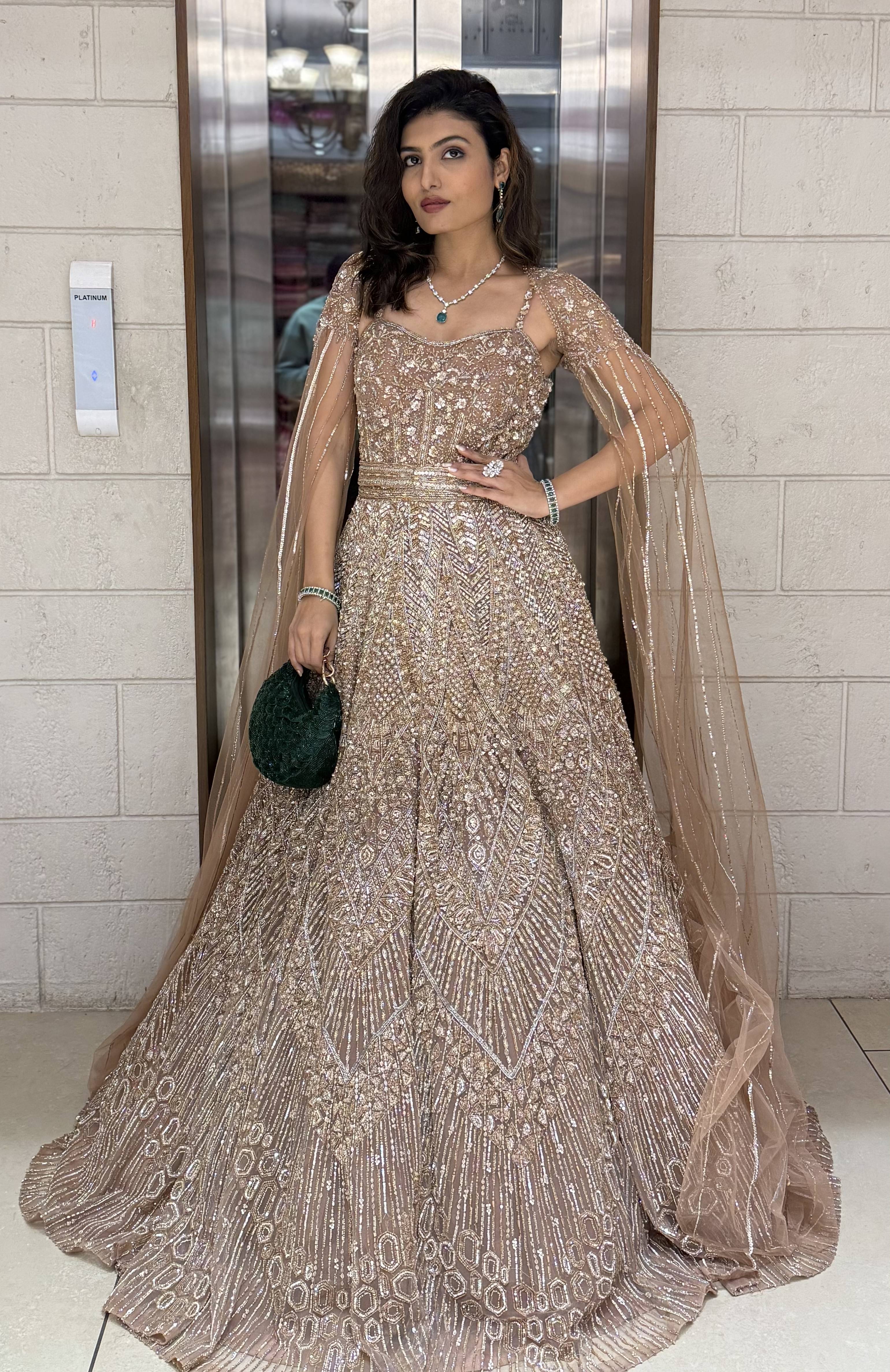 Champagne Gold Embellished Designer Gown with Draped Cape - Image 6