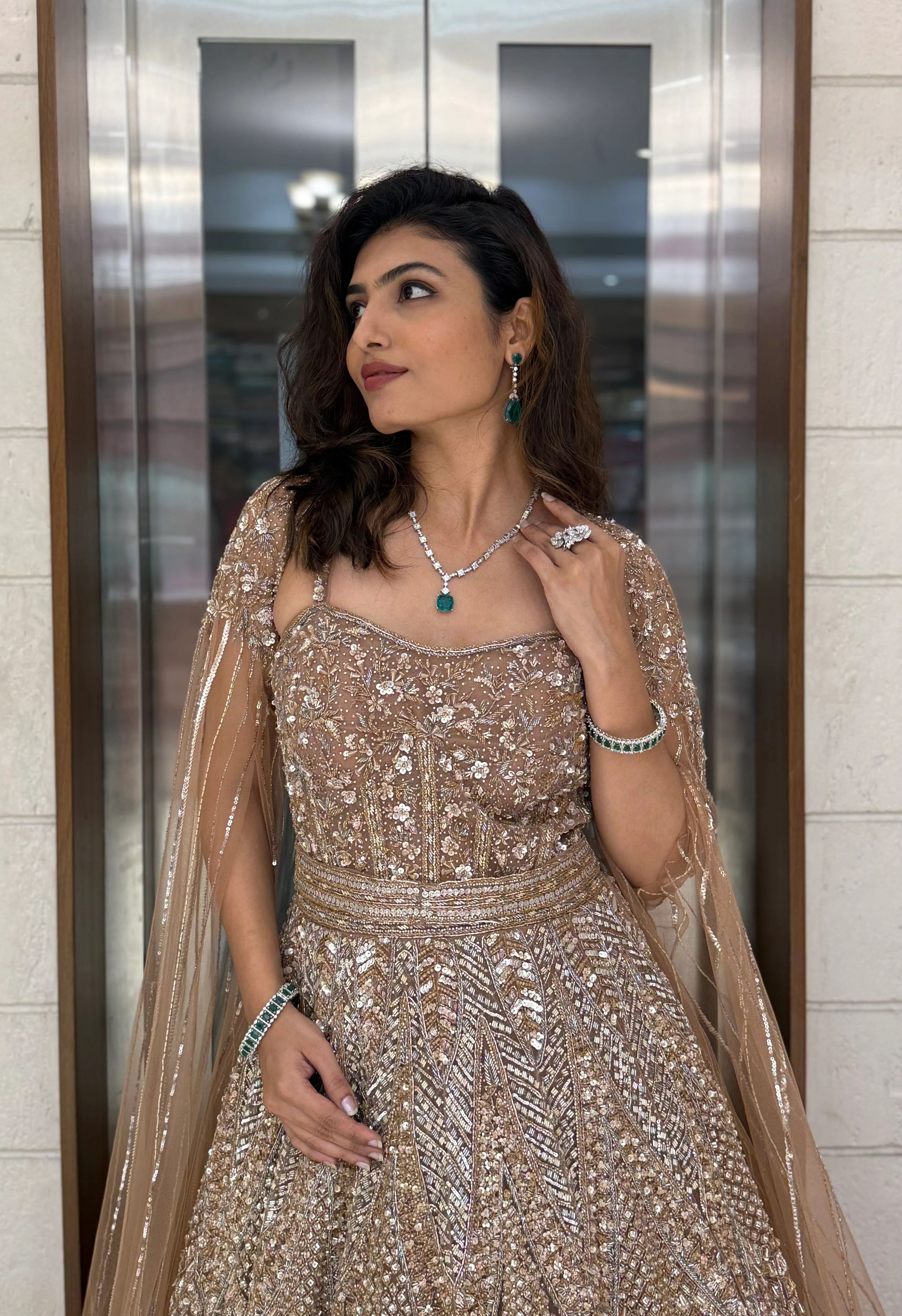 Champagne Gold Embellished Designer Gown with Draped Cape - Image 7