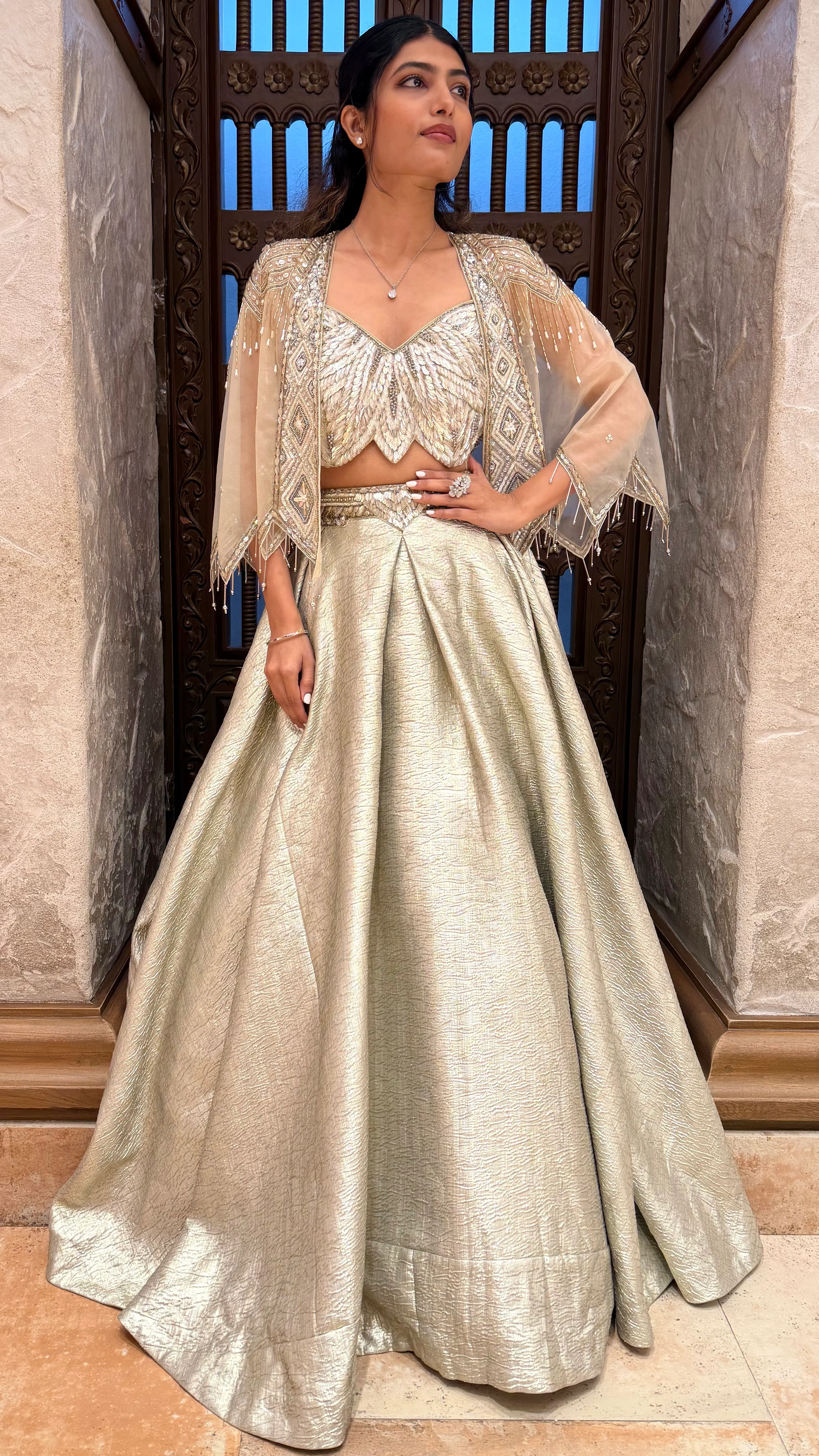 Champagne Gold Embroidered Lehenga Set with Jacket - Image 3