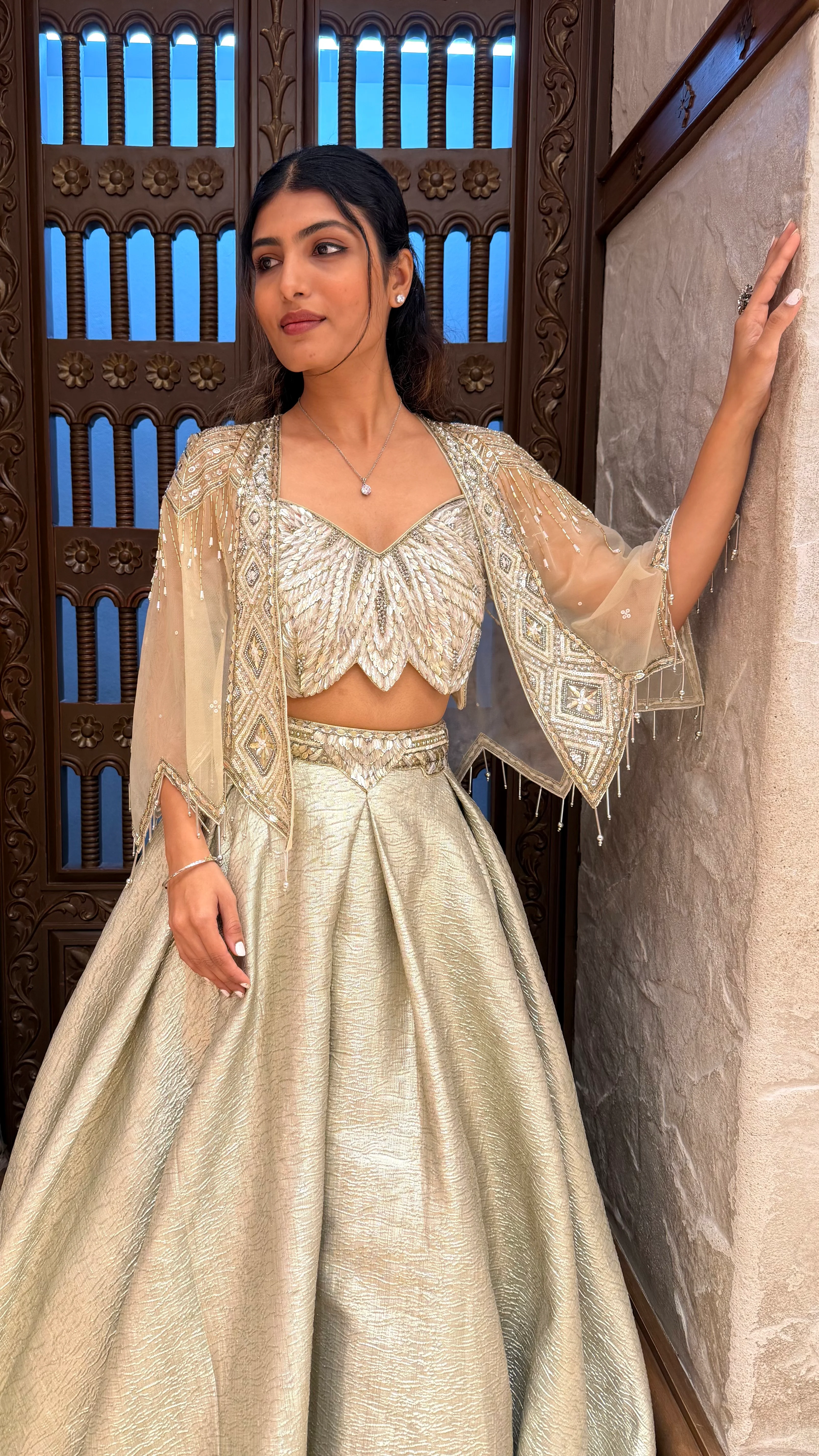Champagne Gold Embroidered Lehenga Set with Jacket - Image 7