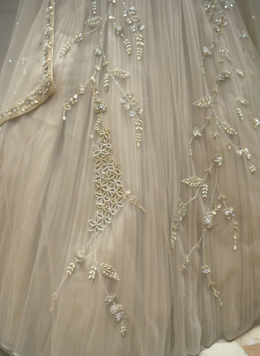 Champagne Gold Embroidered Net Lehenga Set with Cape Dupatta - Image 11