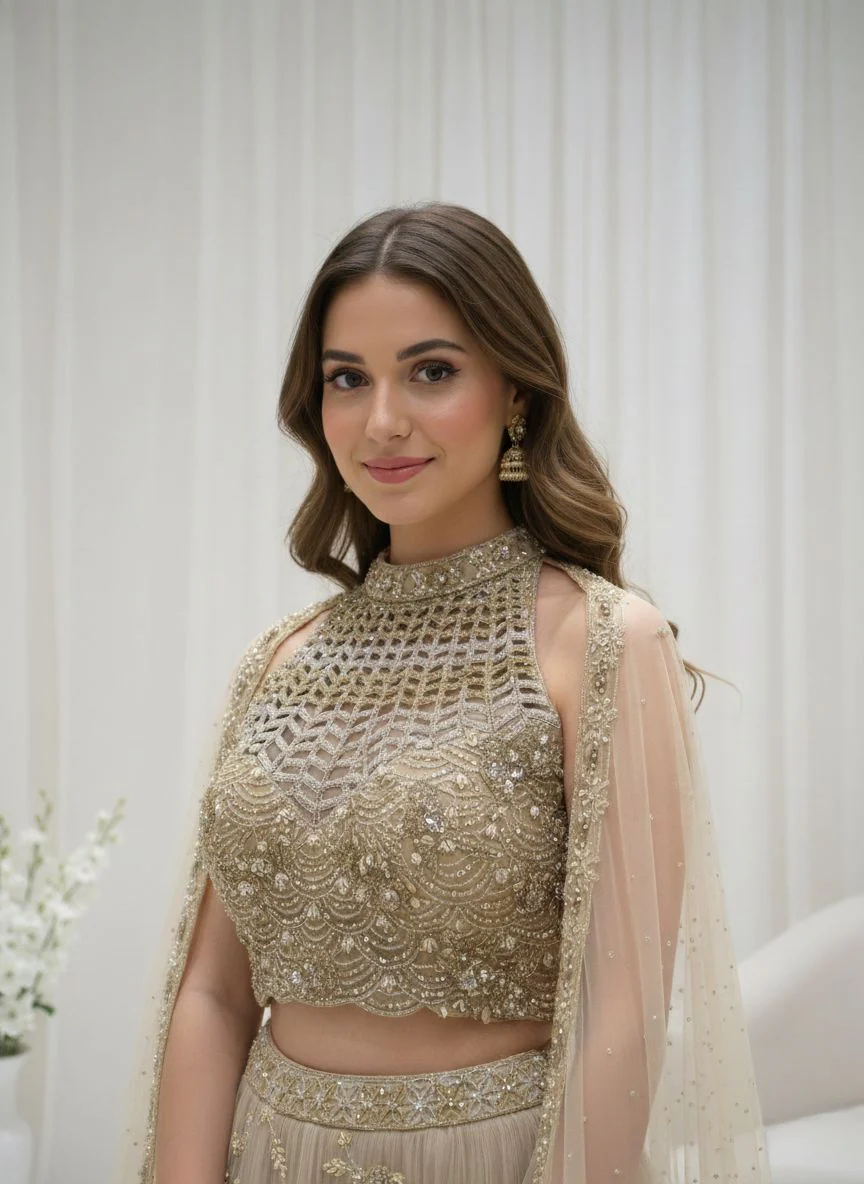 Champagne Gold Embroidered Net Lehenga Set with Cape Dupatta - Image 2
