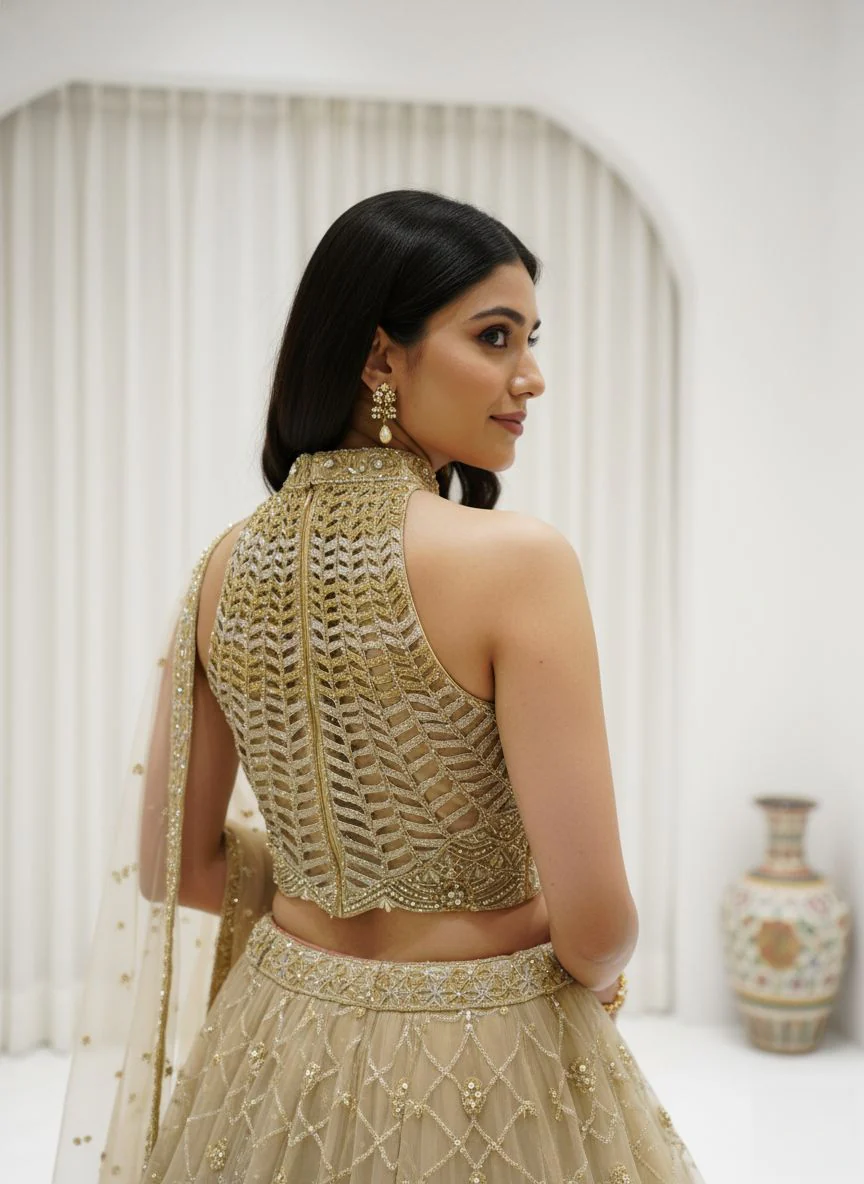 Champagne Gold Embroidered Net Lehenga Set with Cape Dupatta - Image 3