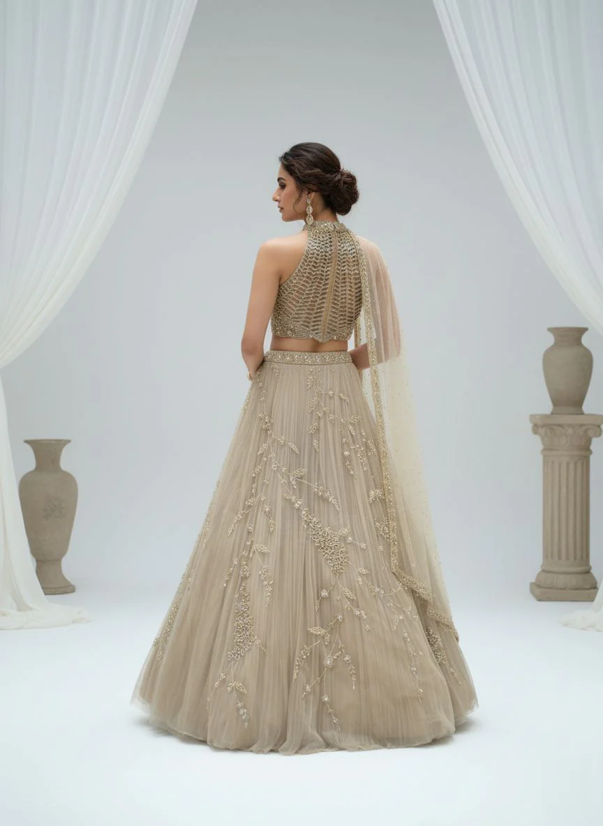 Champagne Gold Embroidered Net Lehenga Set with Cape Dupatta - Image 4