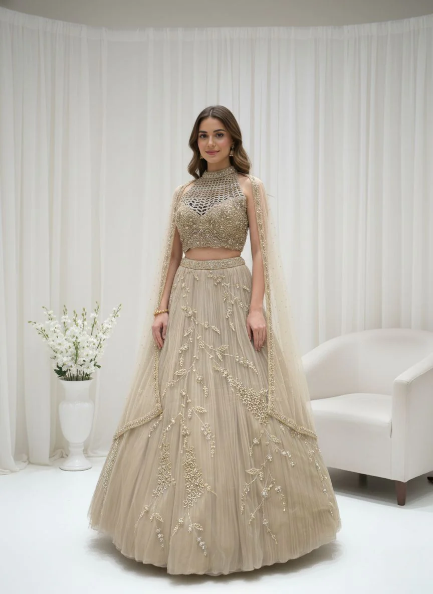Champagne Gold Embroidered Net Lehenga Set with Cape Dupatta - Image 5