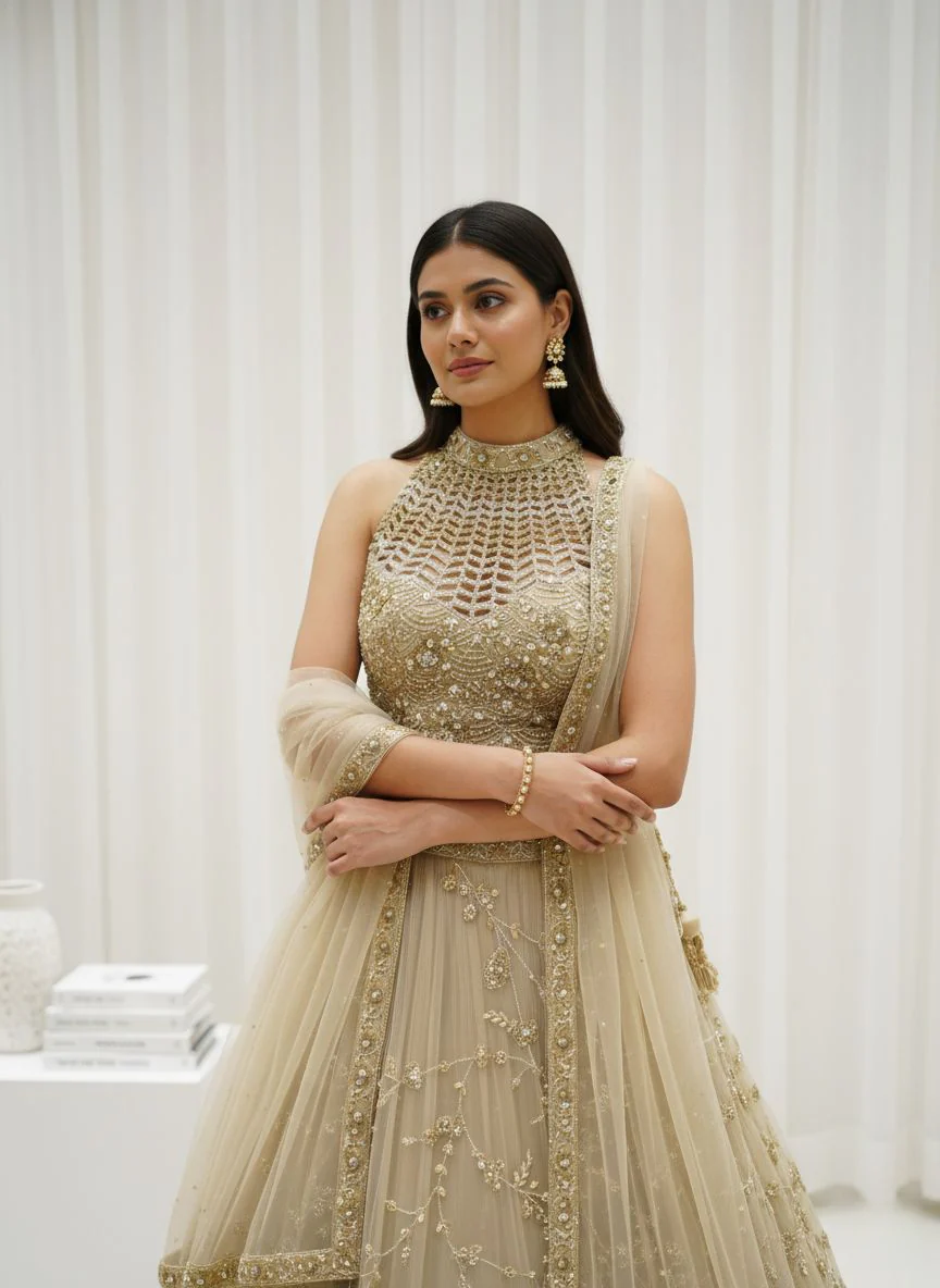 Champagne Gold Embroidered Net Lehenga Set with Cape Dupatta - Image 6