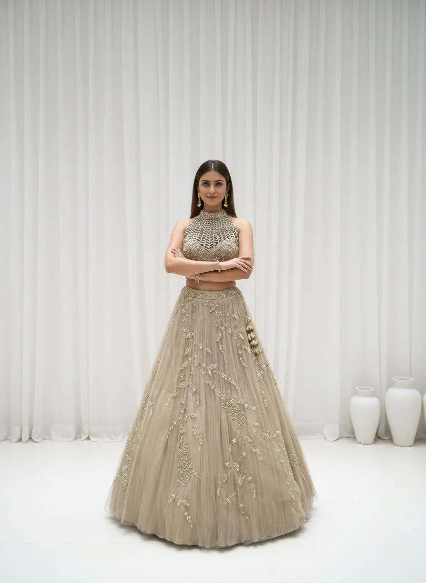 Champagne Gold Embroidered Net Lehenga Set with Cape Dupatta - Image 7