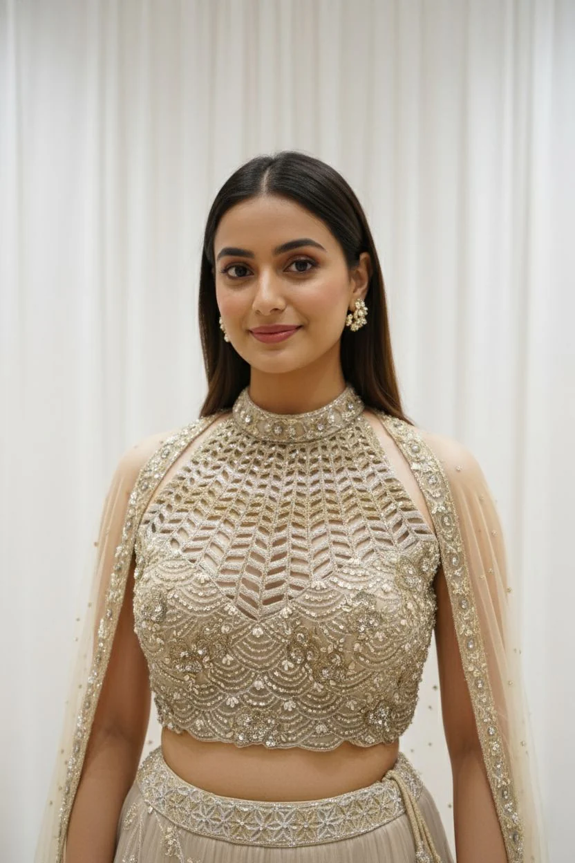 Champagne Gold Embroidered Net Lehenga Set with Cape Dupatta - Image 8