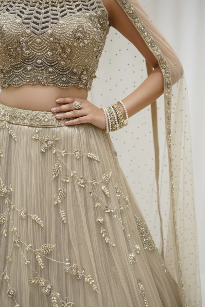 Champagne Gold Embroidered Net Lehenga Set with Cape Dupatta - Image 9