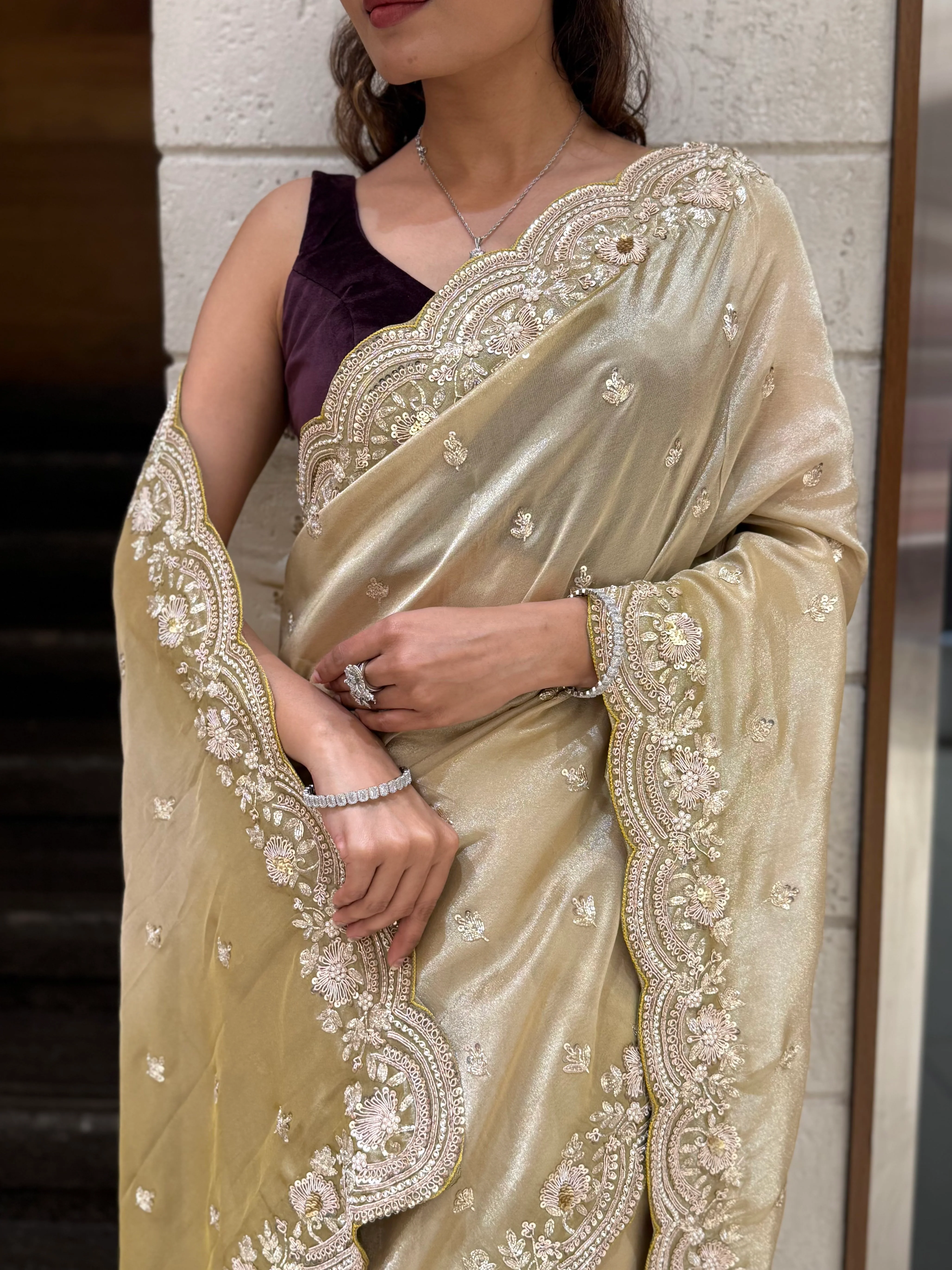 Champagne Gold Embroidered Saree with Scalloped Handwork Border - Image 2