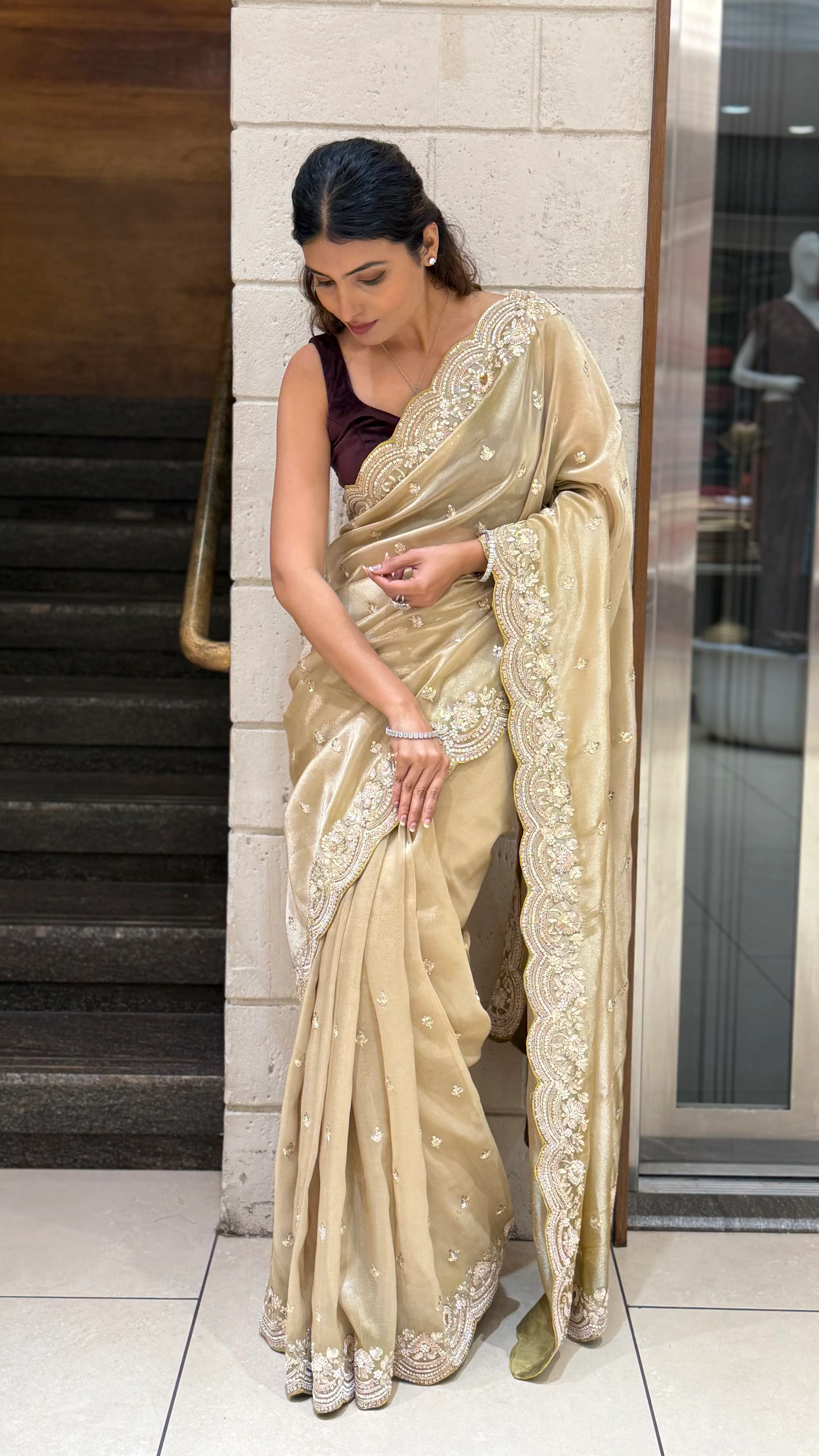 Champagne Gold Embroidered Saree with Scalloped Handwork Border - Image 3