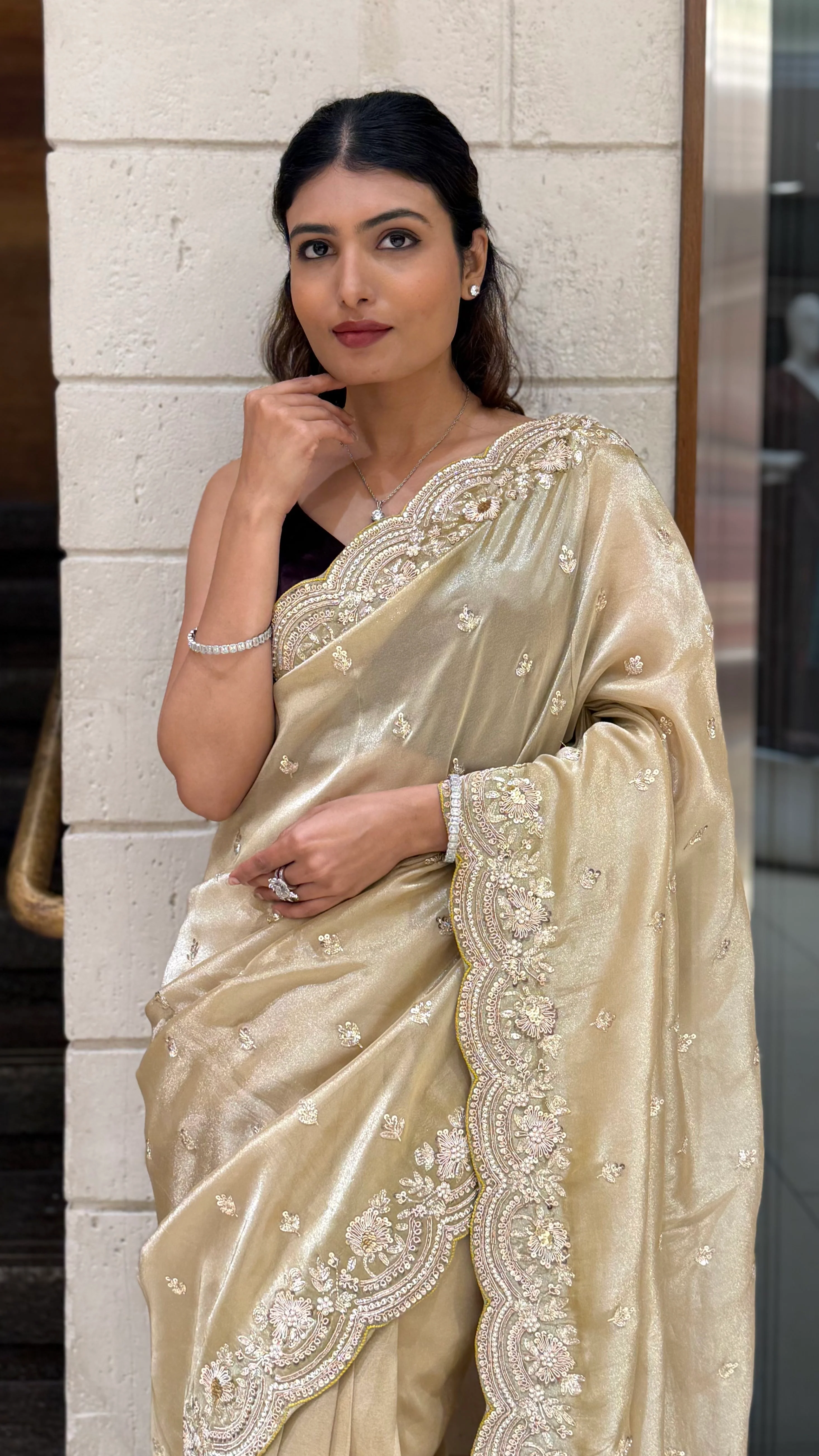 Champagne Gold Embroidered Saree with Scalloped Handwork Border - Image 4