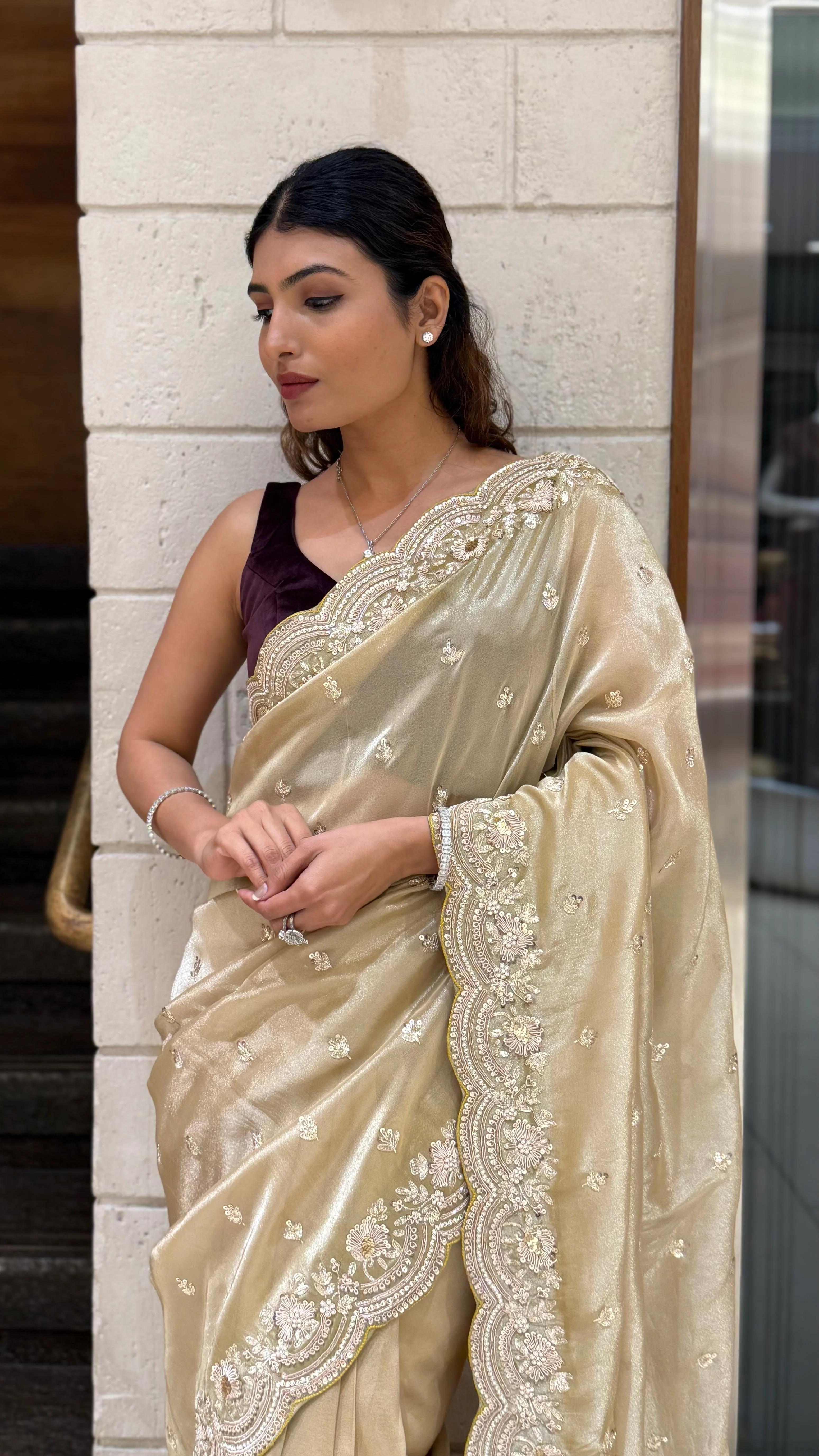 Champagne Gold Embroidered Saree with Scalloped Handwork Border - Image 5