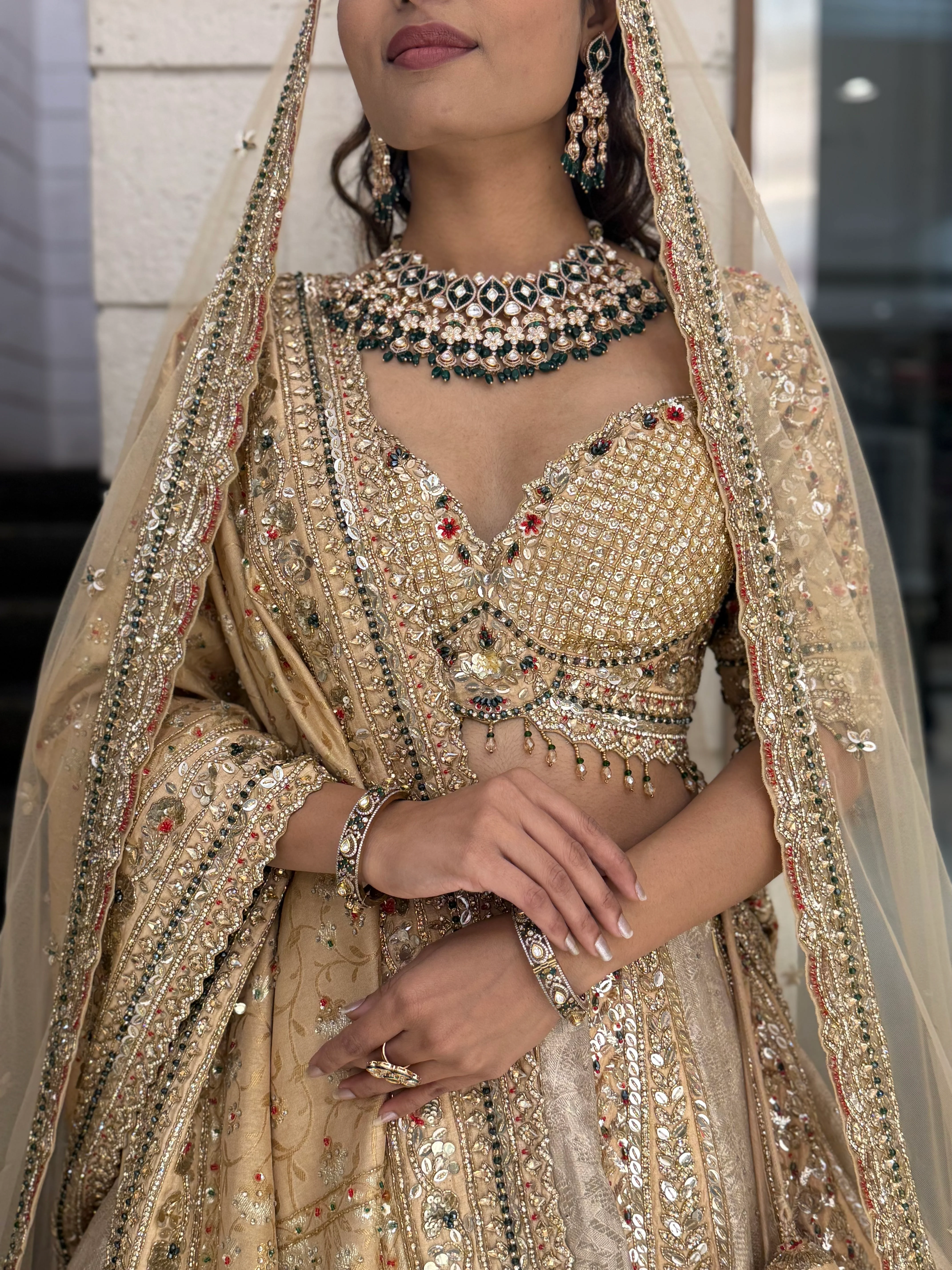 Champagne Gold Heavy Embroidered Bridal Lehenga with Net Dupatta - Image 2