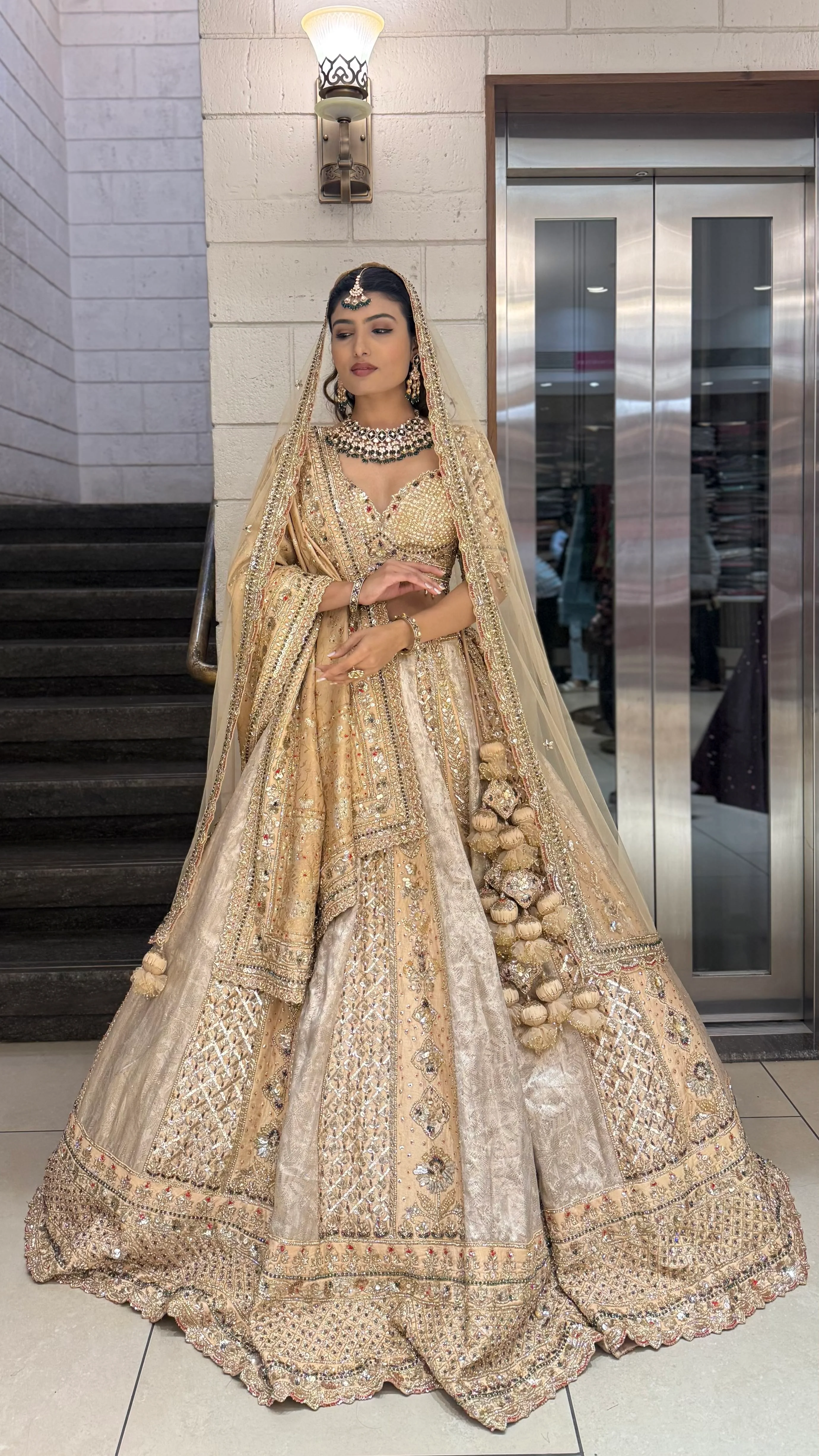 Champagne Gold Heavy Embroidered Bridal Lehenga with Net Dupatta - Image 3