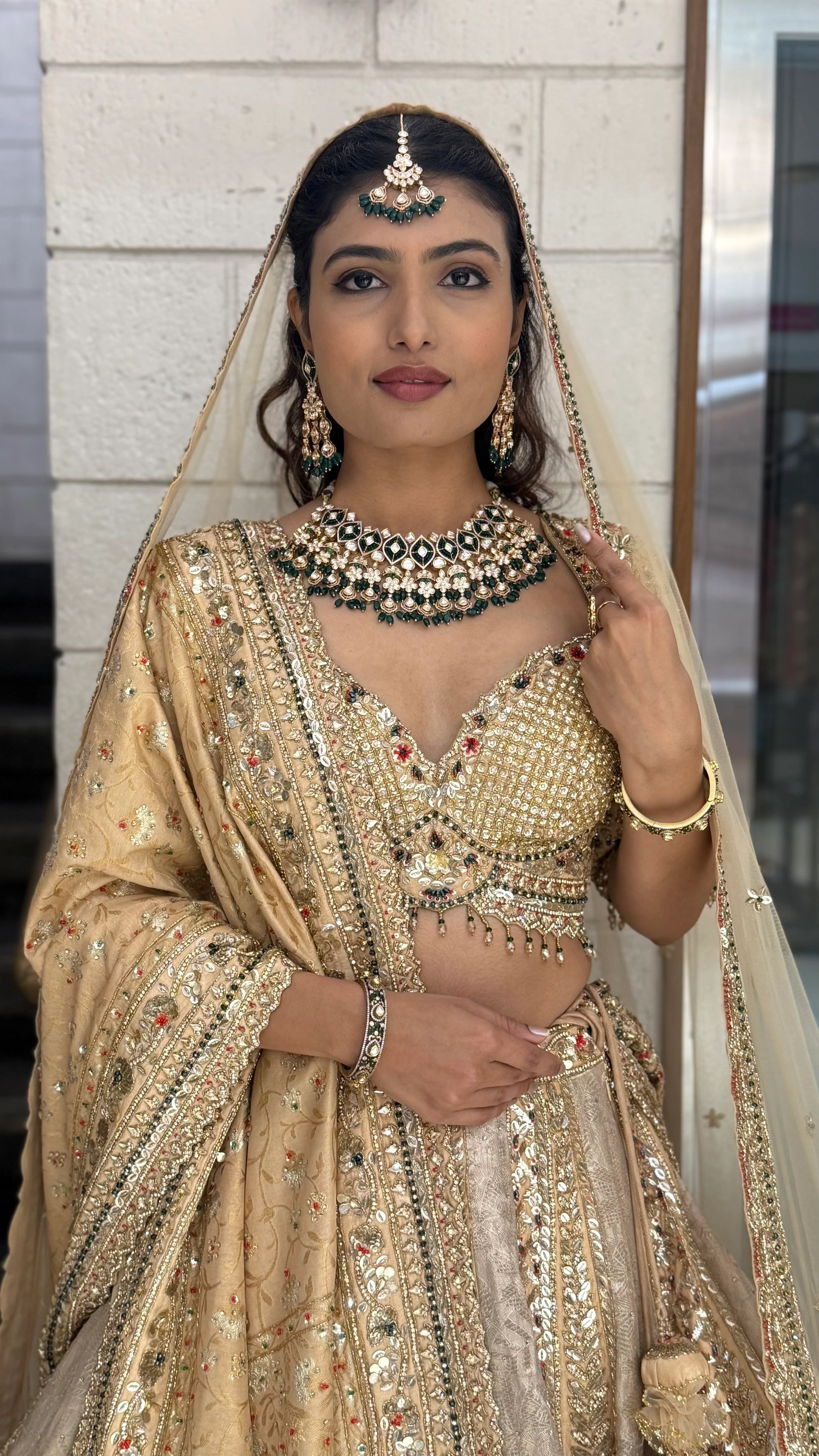 Champagne Gold Heavy Embroidered Bridal Lehenga with Net Dupatta - Image 4