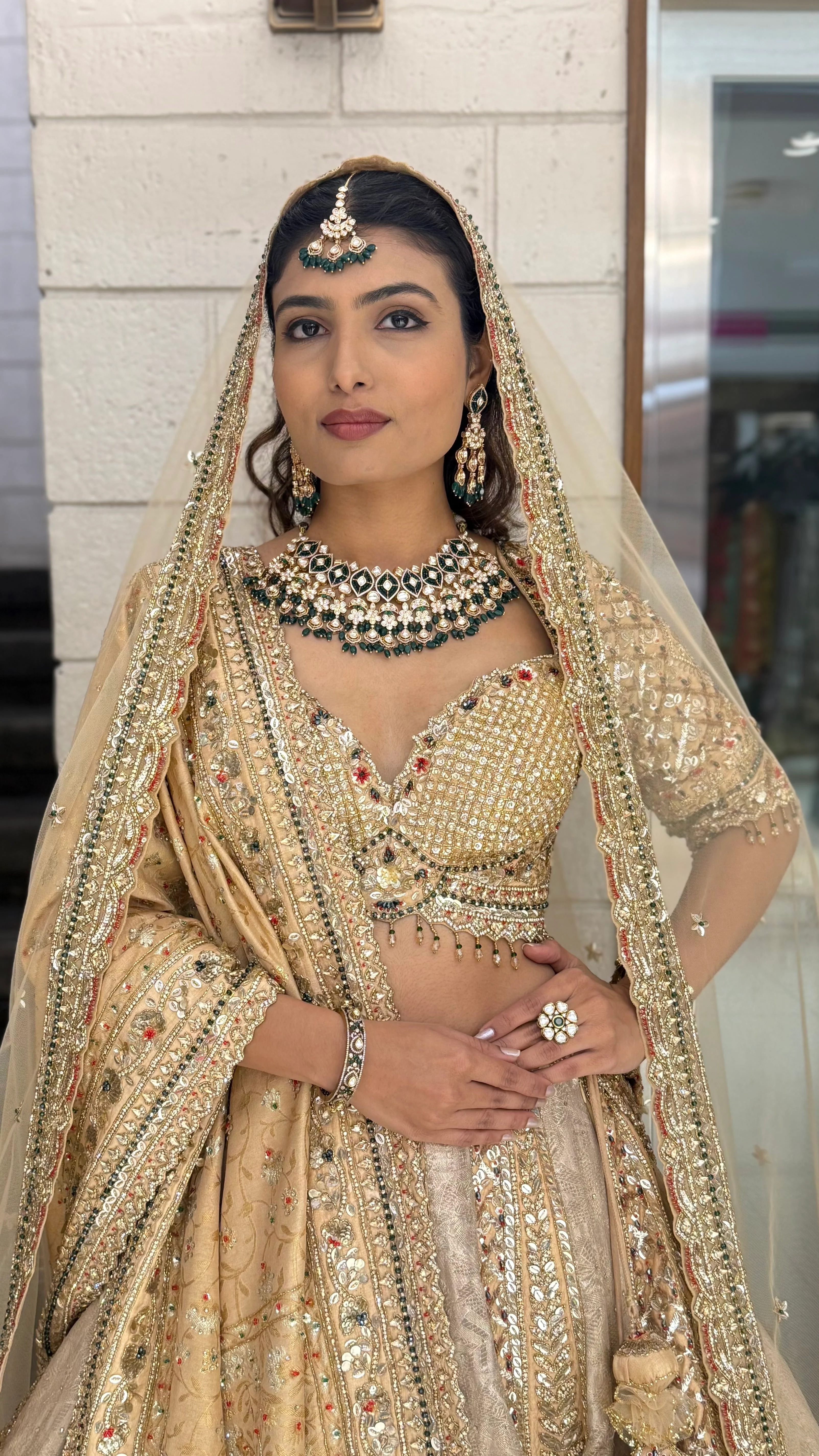 Champagne Gold Heavy Embroidered Bridal Lehenga with Net Dupatta - Image 5