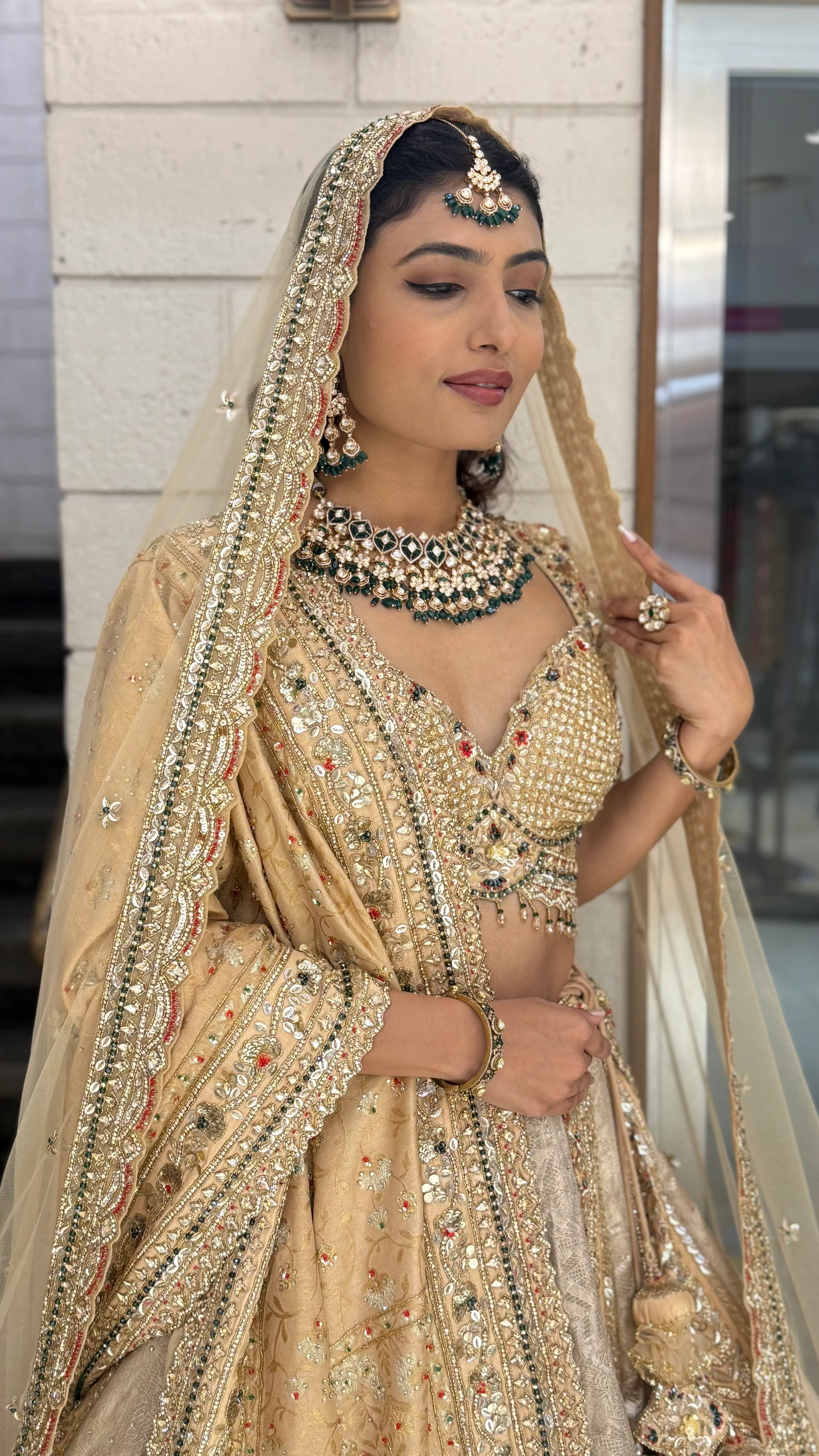 Champagne Gold Heavy Embroidered Bridal Lehenga with Net Dupatta - Image 6