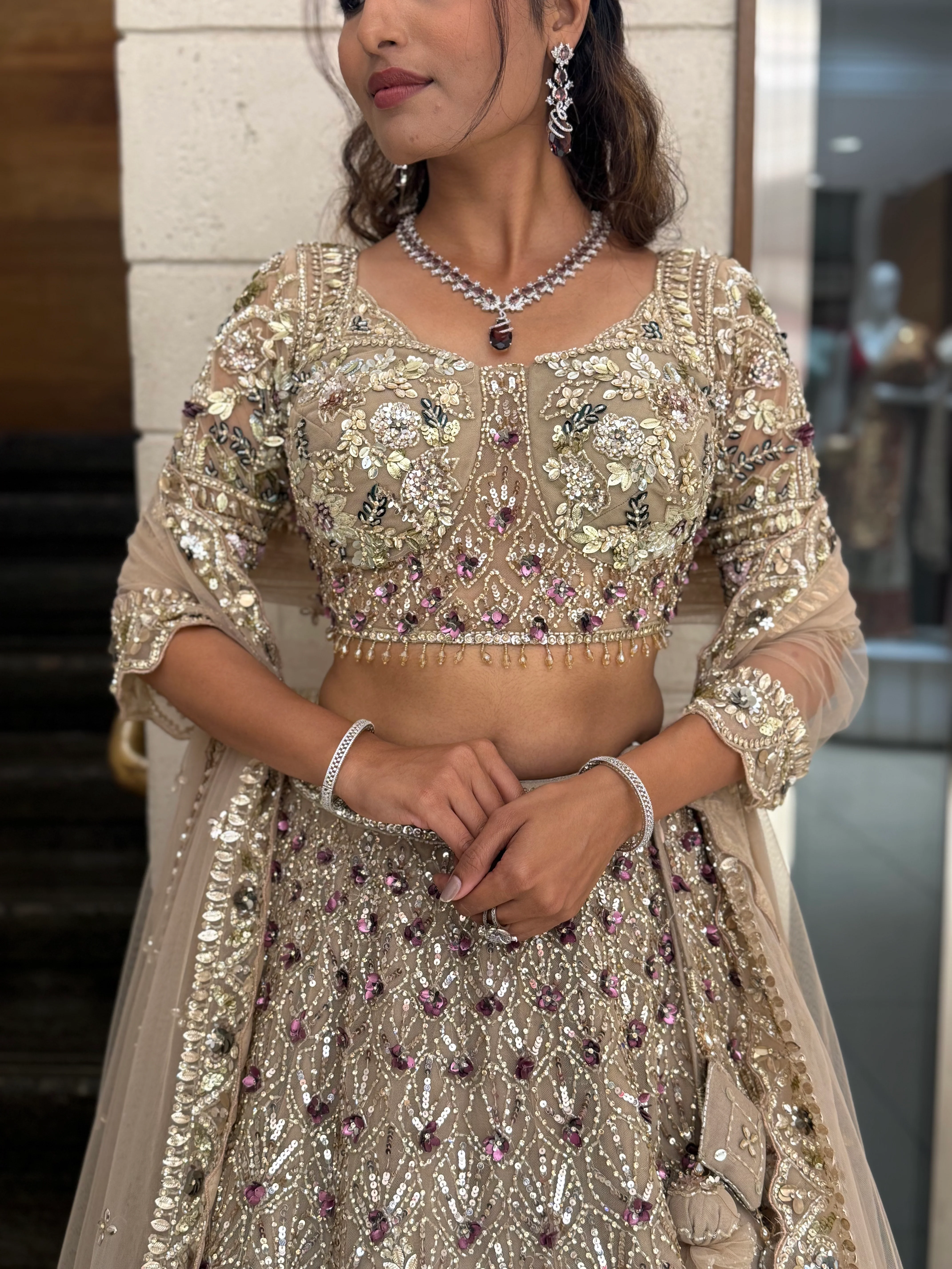 Champagne Gold Heavy Embroidered Designer Lehenga Choli Set with Net Dupatta - Image 2