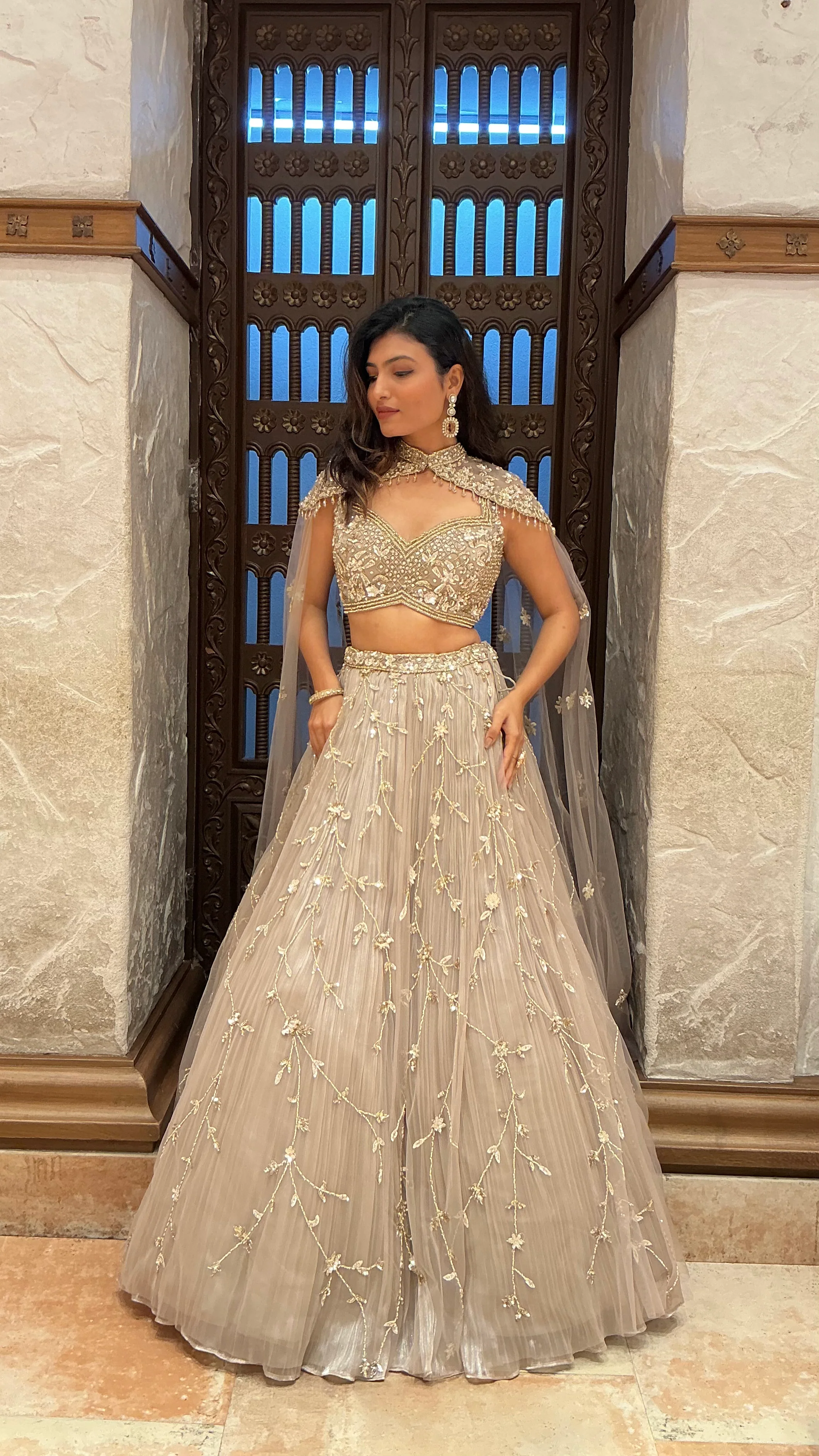 Champagne Gold Heavy Embroidered Designer Lehenga Set with Cape Dupatta - Image 3