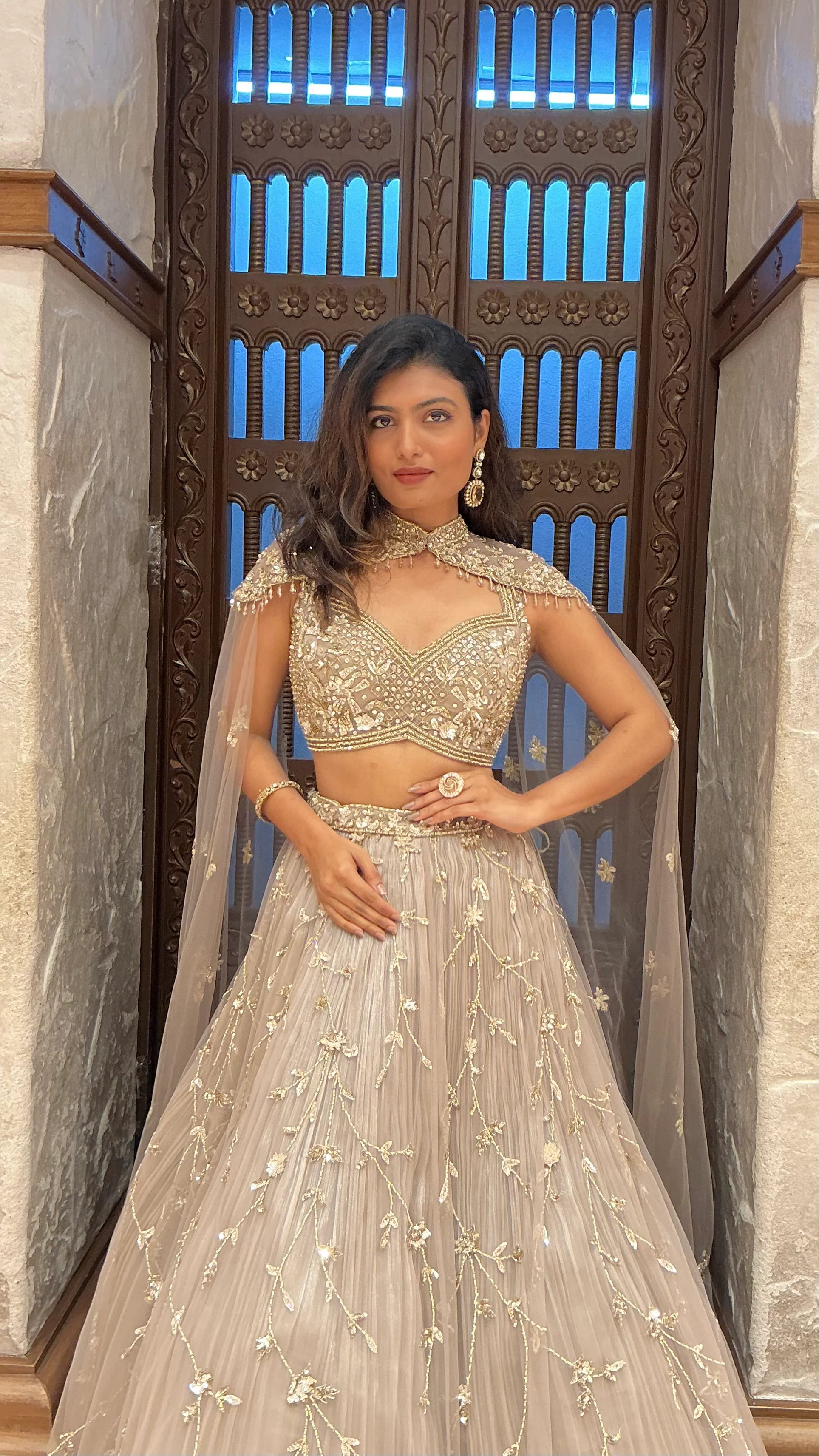 Champagne Gold Heavy Embroidered Designer Lehenga Set with Cape Dupatta - Image 5