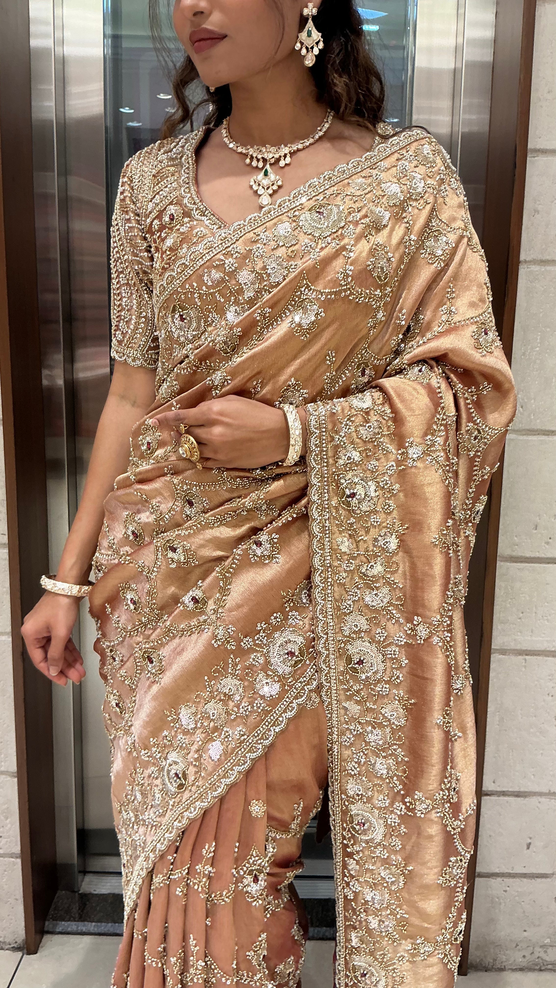 Champagne Gold Heavy Embroidered Luxury Designer Saree - Image 2