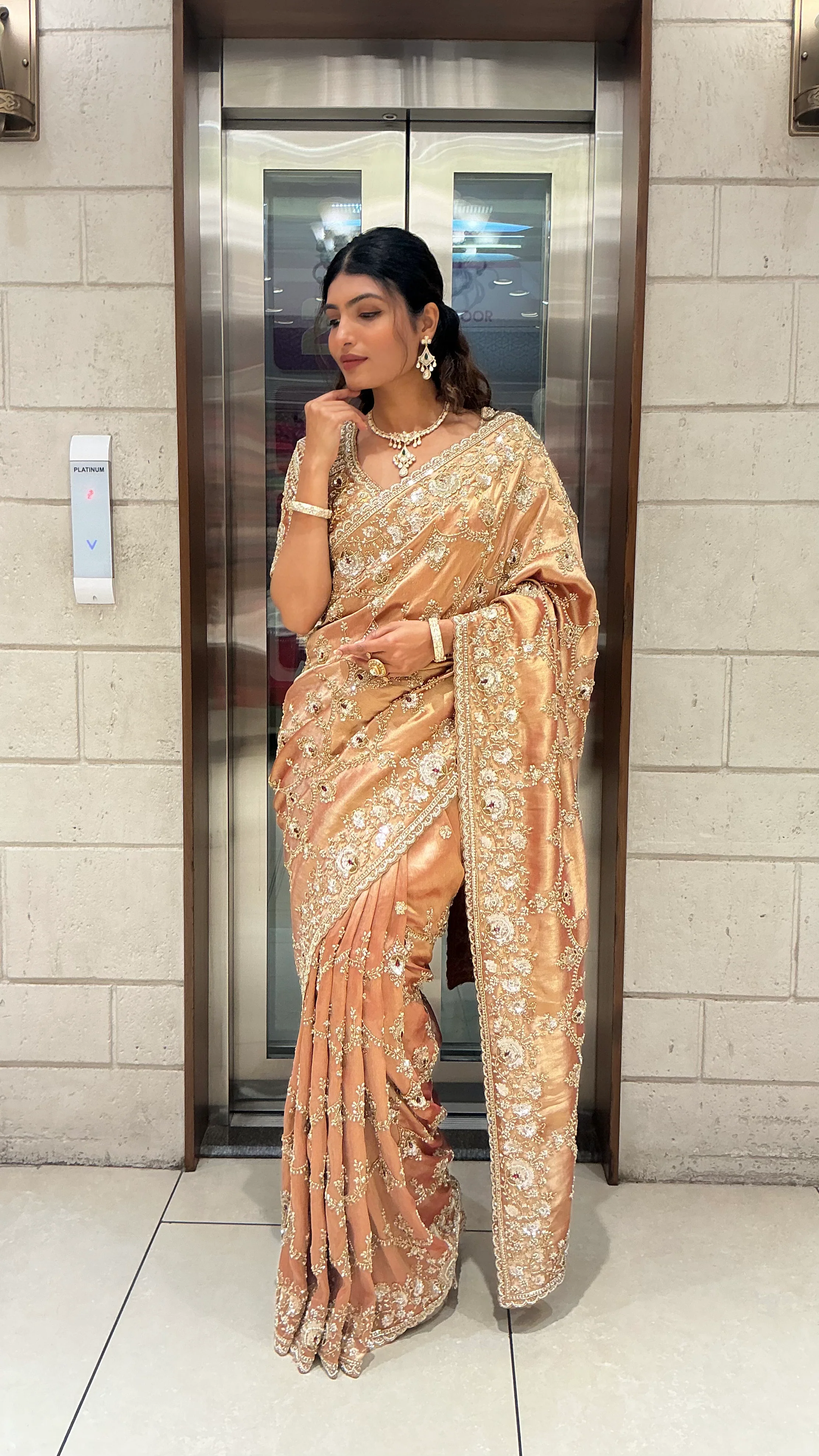 Champagne Gold Heavy Embroidered Luxury Designer Saree - Image 3