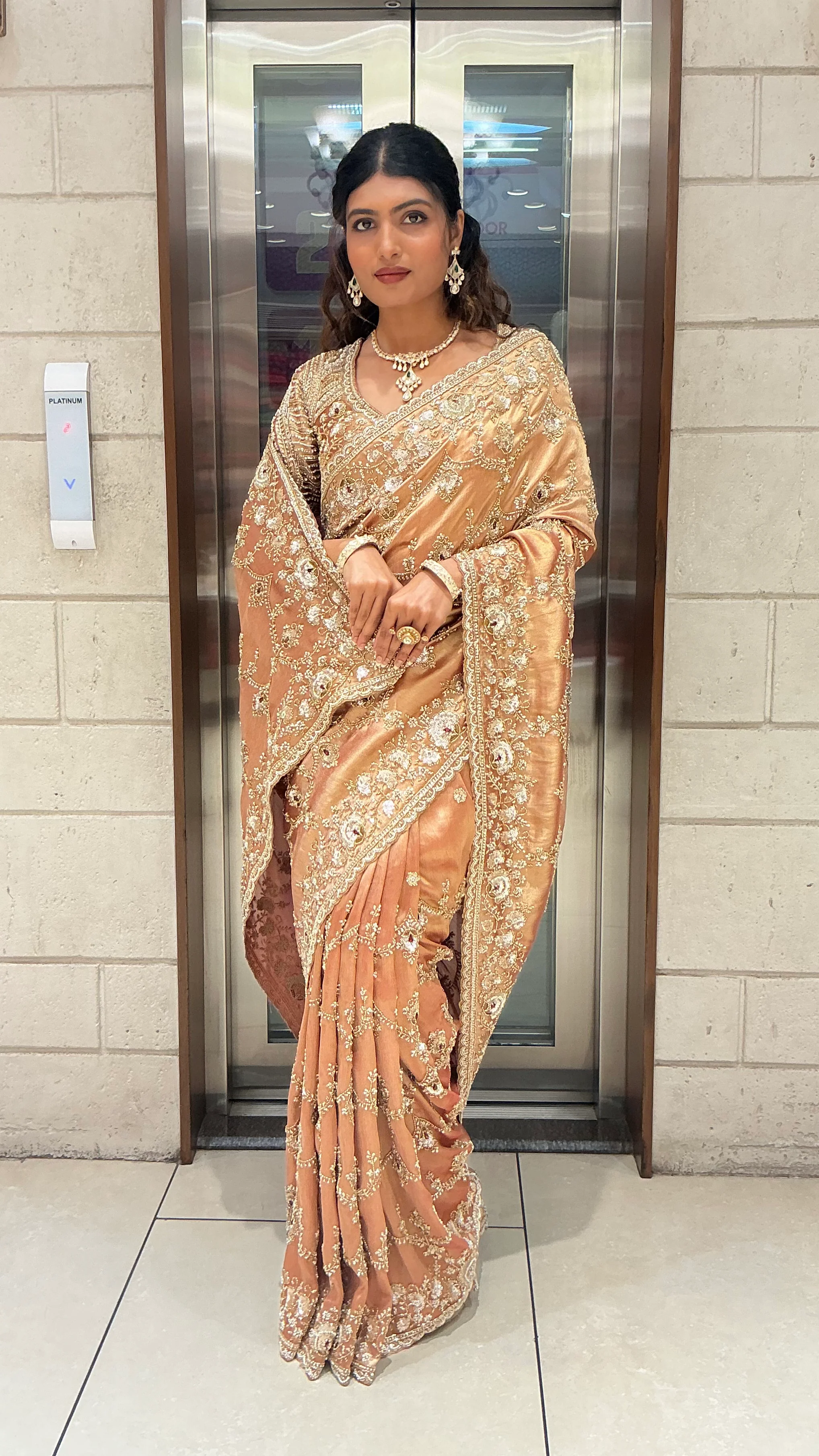 Champagne Gold Heavy Embroidered Luxury Designer Saree - Image 4