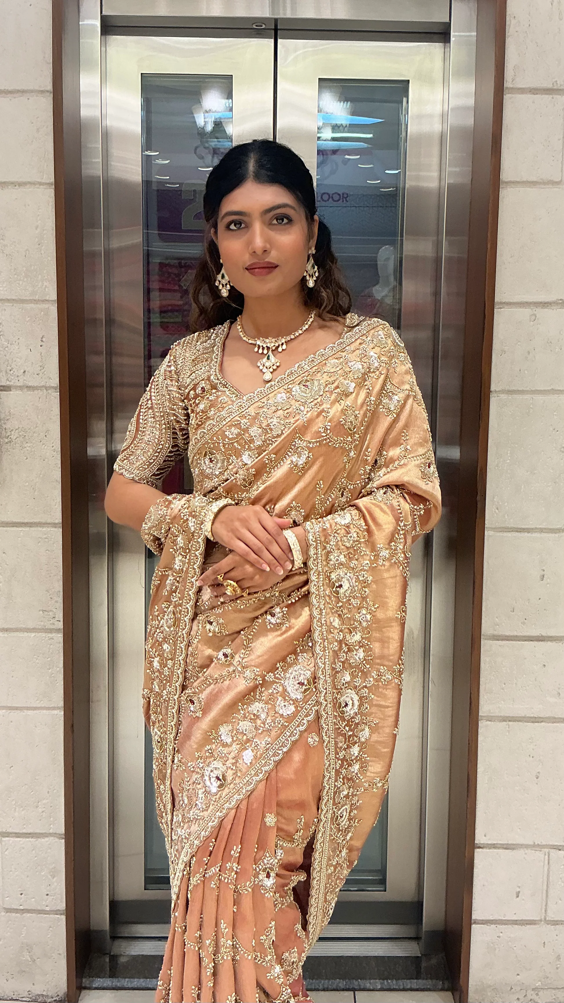 Champagne Gold Heavy Embroidered Luxury Designer Saree - Image 5