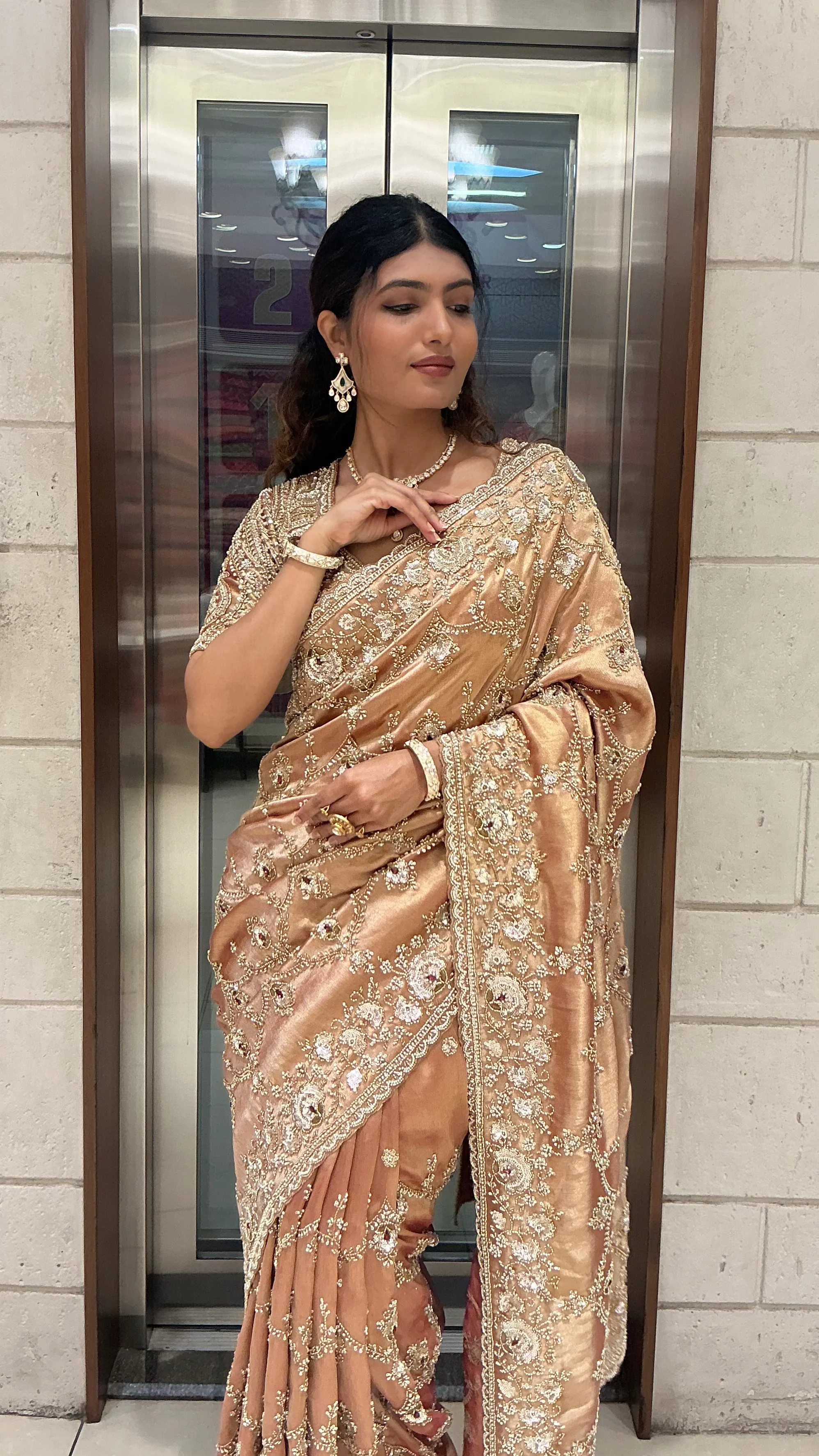 Champagne Gold Heavy Embroidered Luxury Designer Saree - Image 6