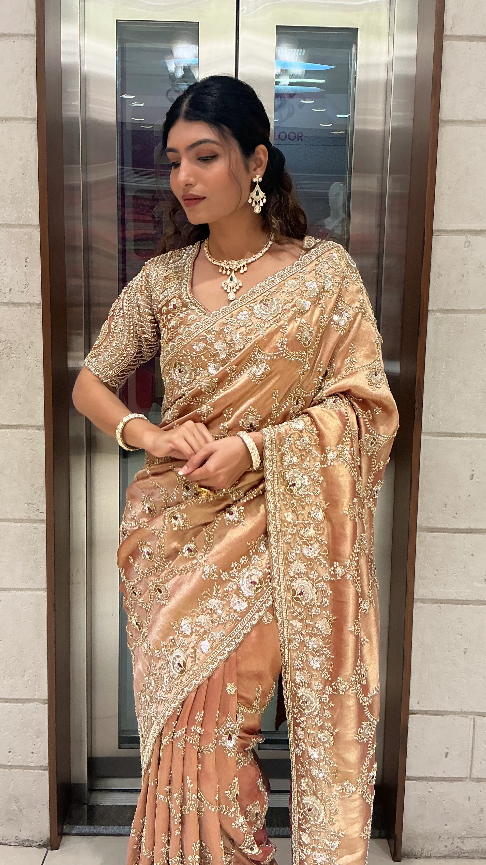 Champagne Gold Heavy Embroidered Luxury Designer Saree - Image 7