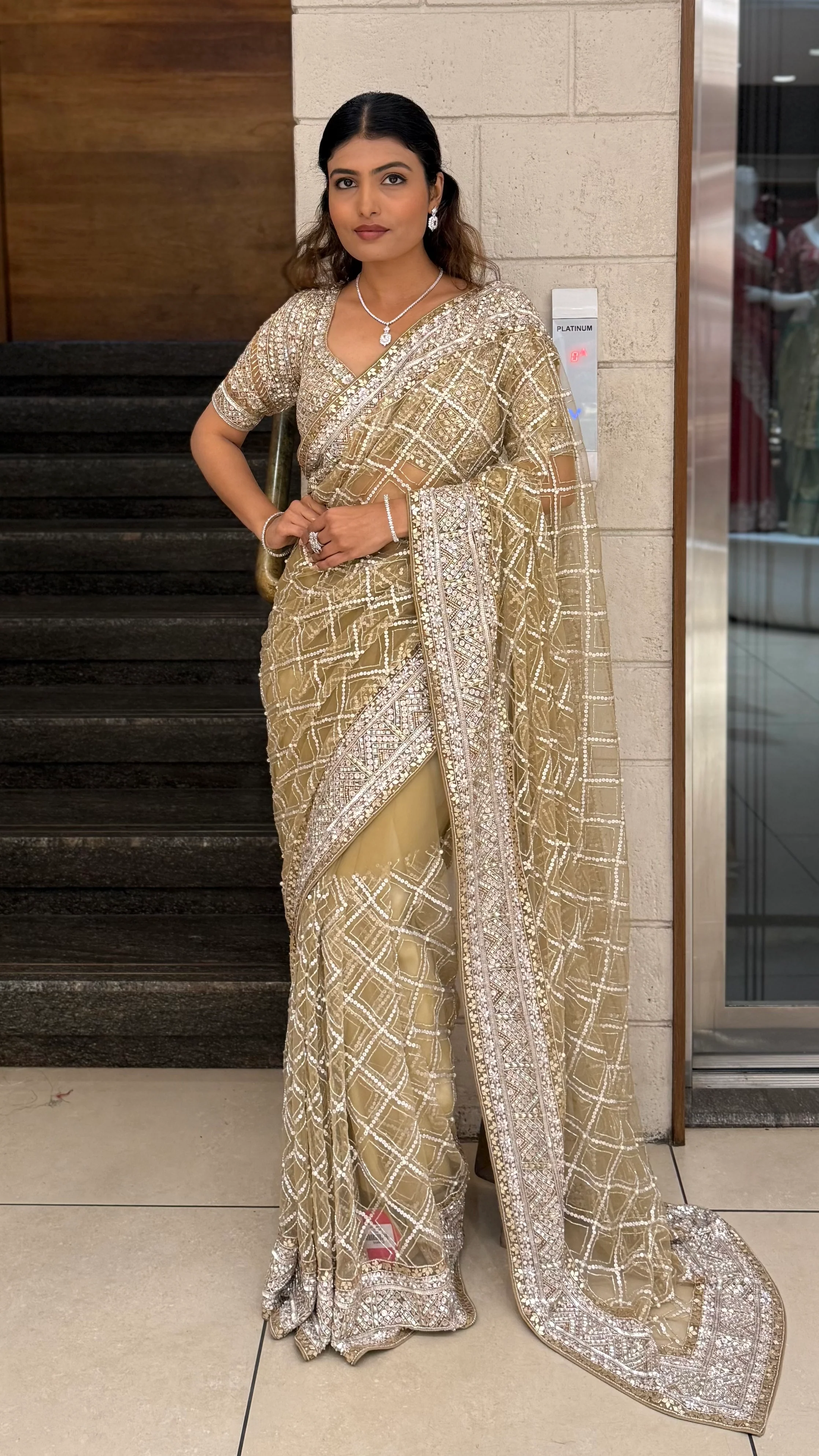 Champagne Gold Heavy Embroidered Net Saree with Matching Blouse - Image 3