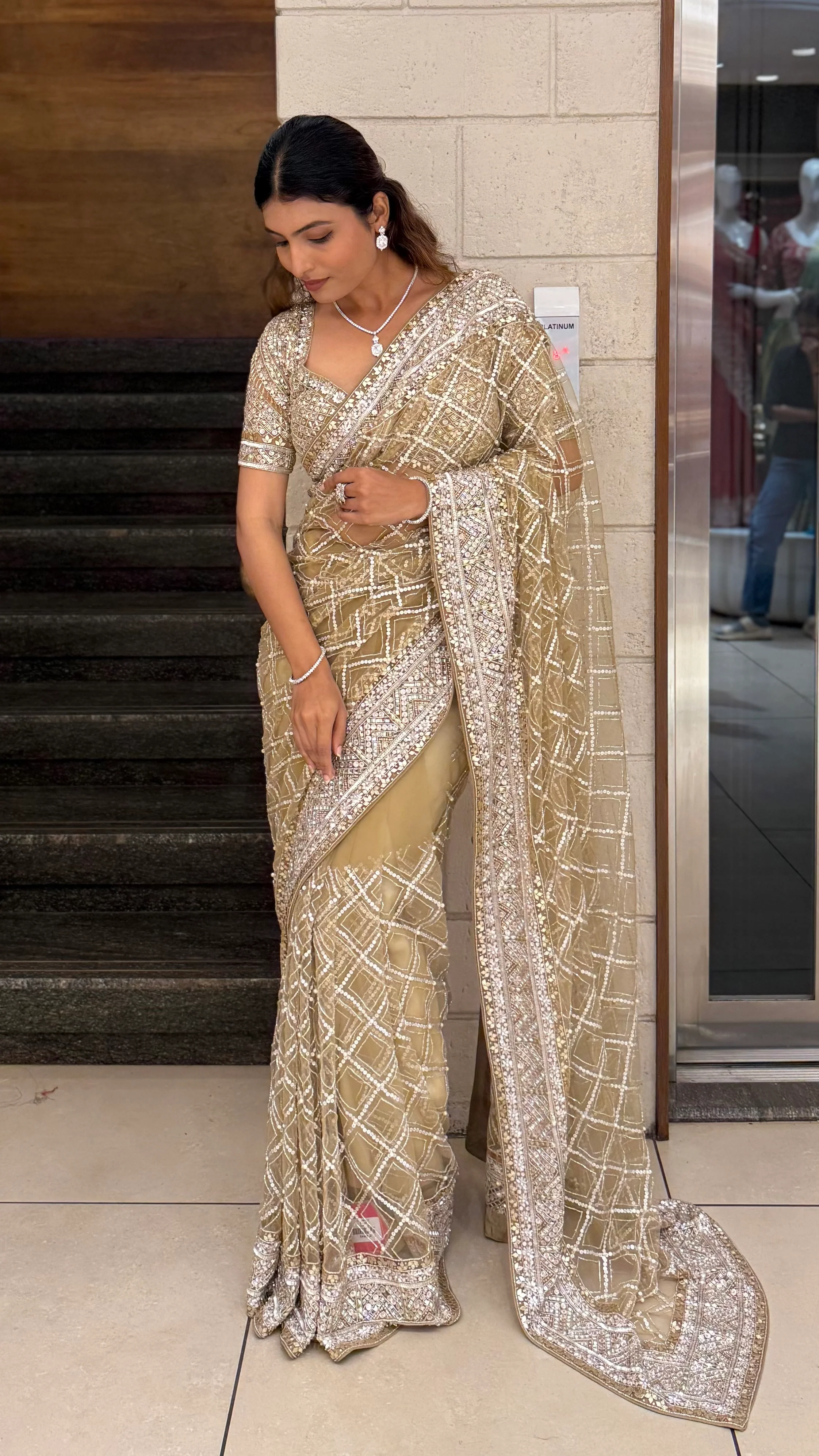 Champagne Gold Heavy Embroidered Net Saree with Matching Blouse - Image 4