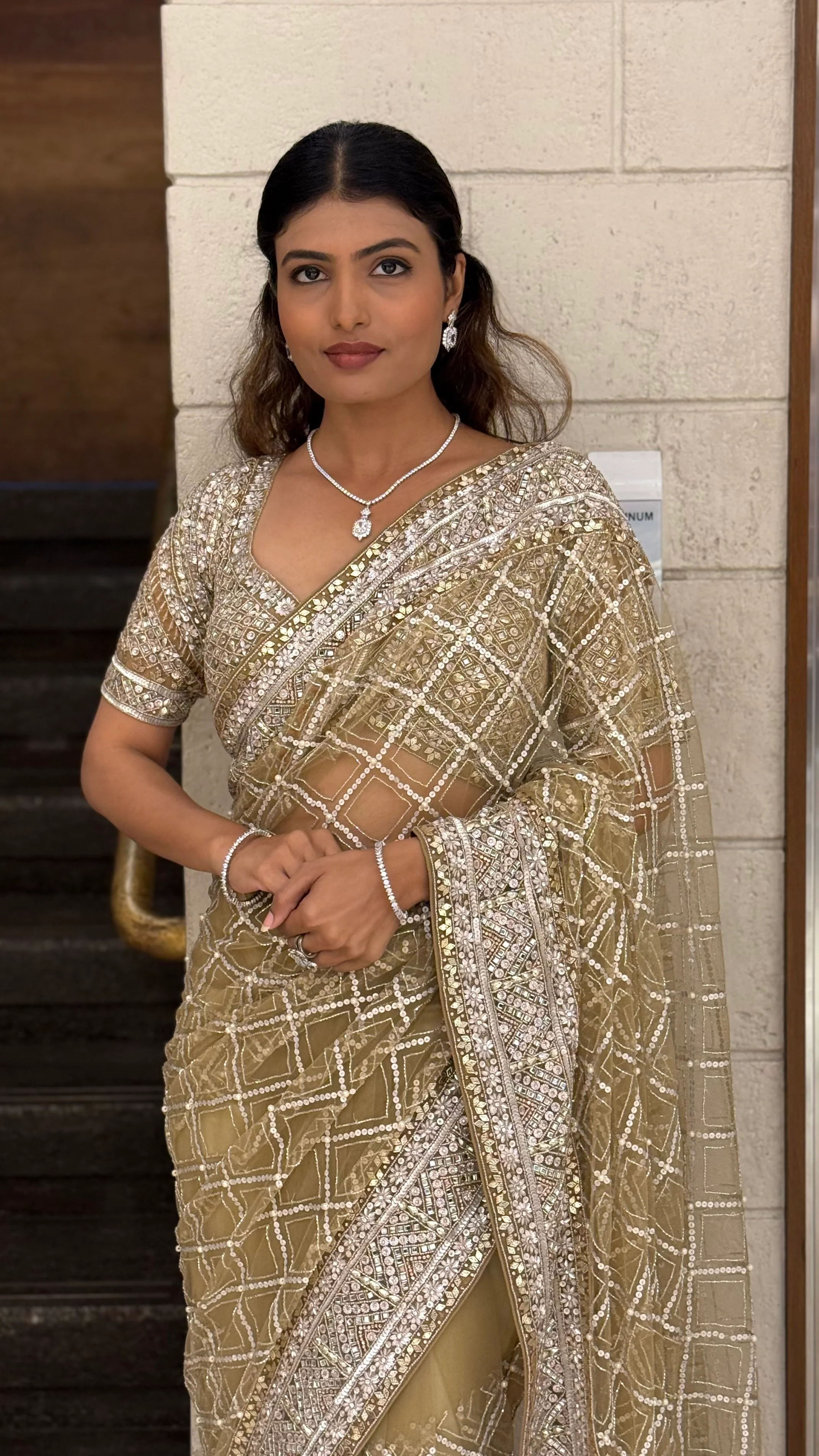 Champagne Gold Heavy Embroidered Net Saree with Matching Blouse - Image 5