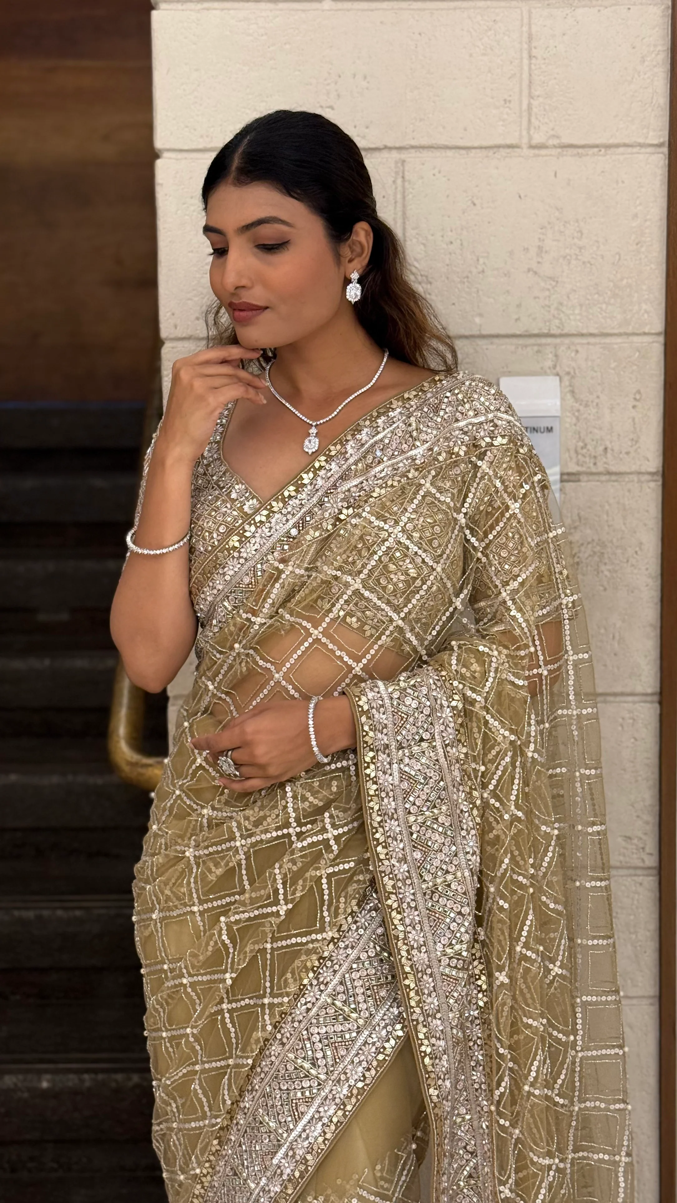 Champagne Gold Heavy Embroidered Net Saree with Matching Blouse - Image 6