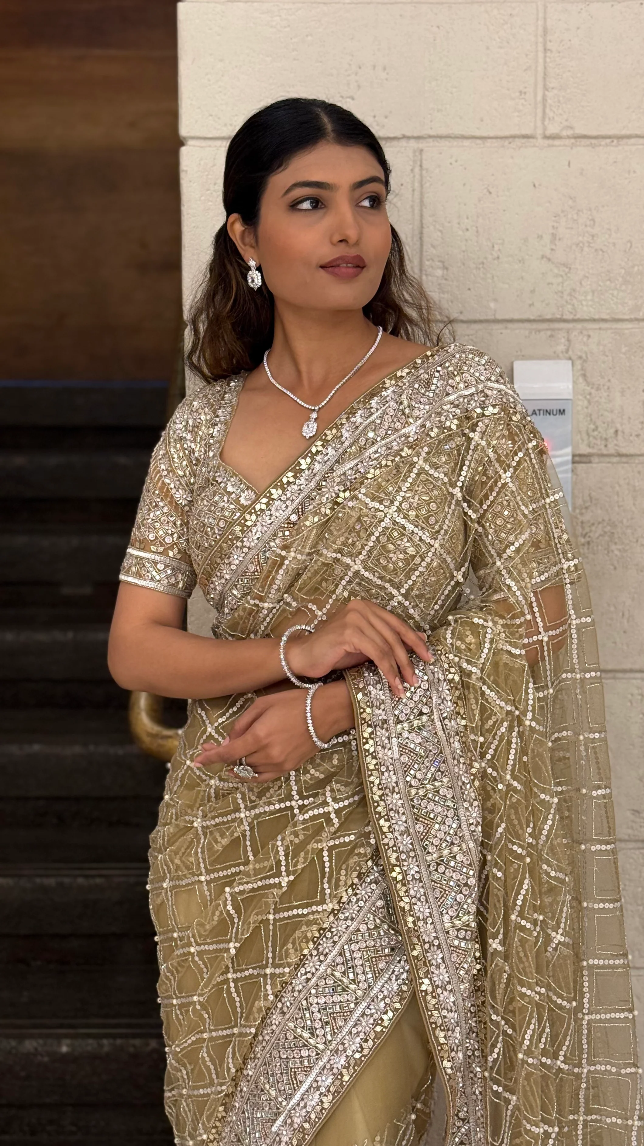 Champagne Gold Heavy Embroidered Net Saree with Matching Blouse - Image 7